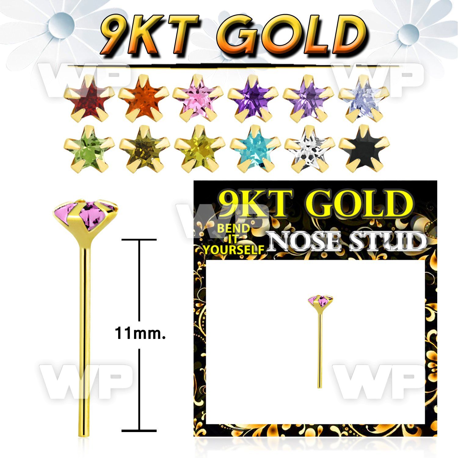 g9yzsm1 9kt gold bend it nose stud 22g w 3mm prong set star cz