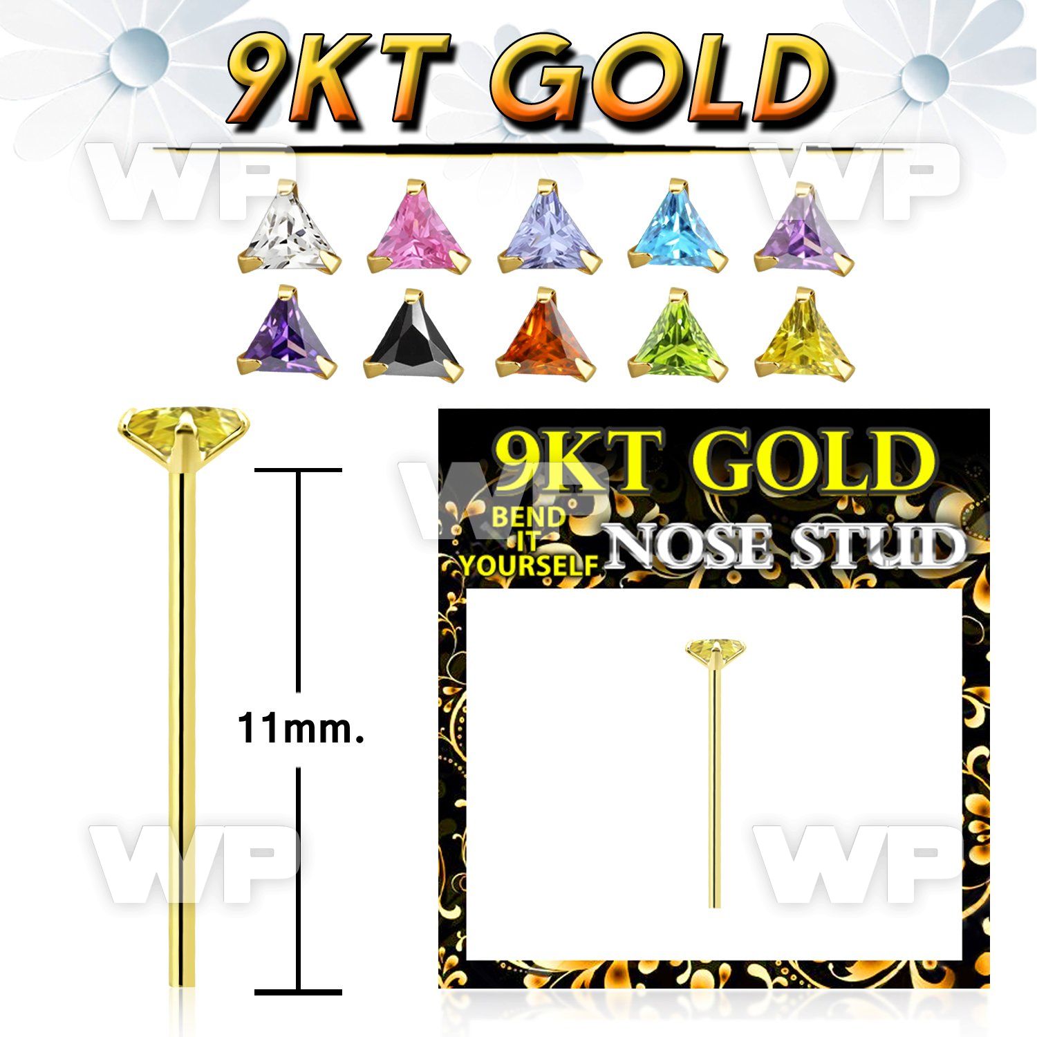 g9yztm1 9kt gold bend it nose stud 22g prong set 3mm triangle cz