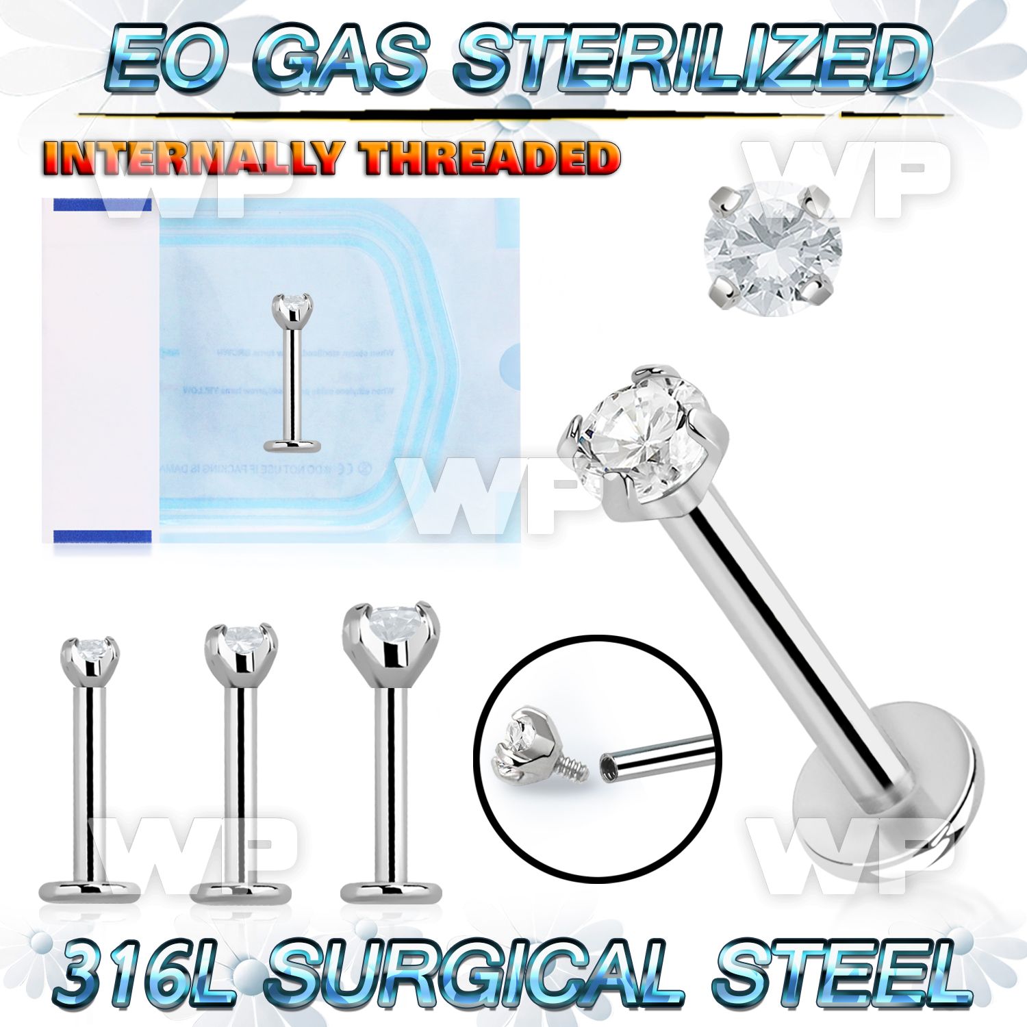gb46g8u presterilized steel labret stud 16g cz internal
