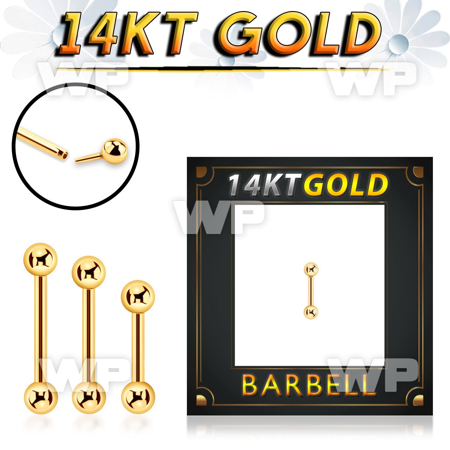 gbbb3 14k gold eyebrow barbell w thread less push in 3mm balls