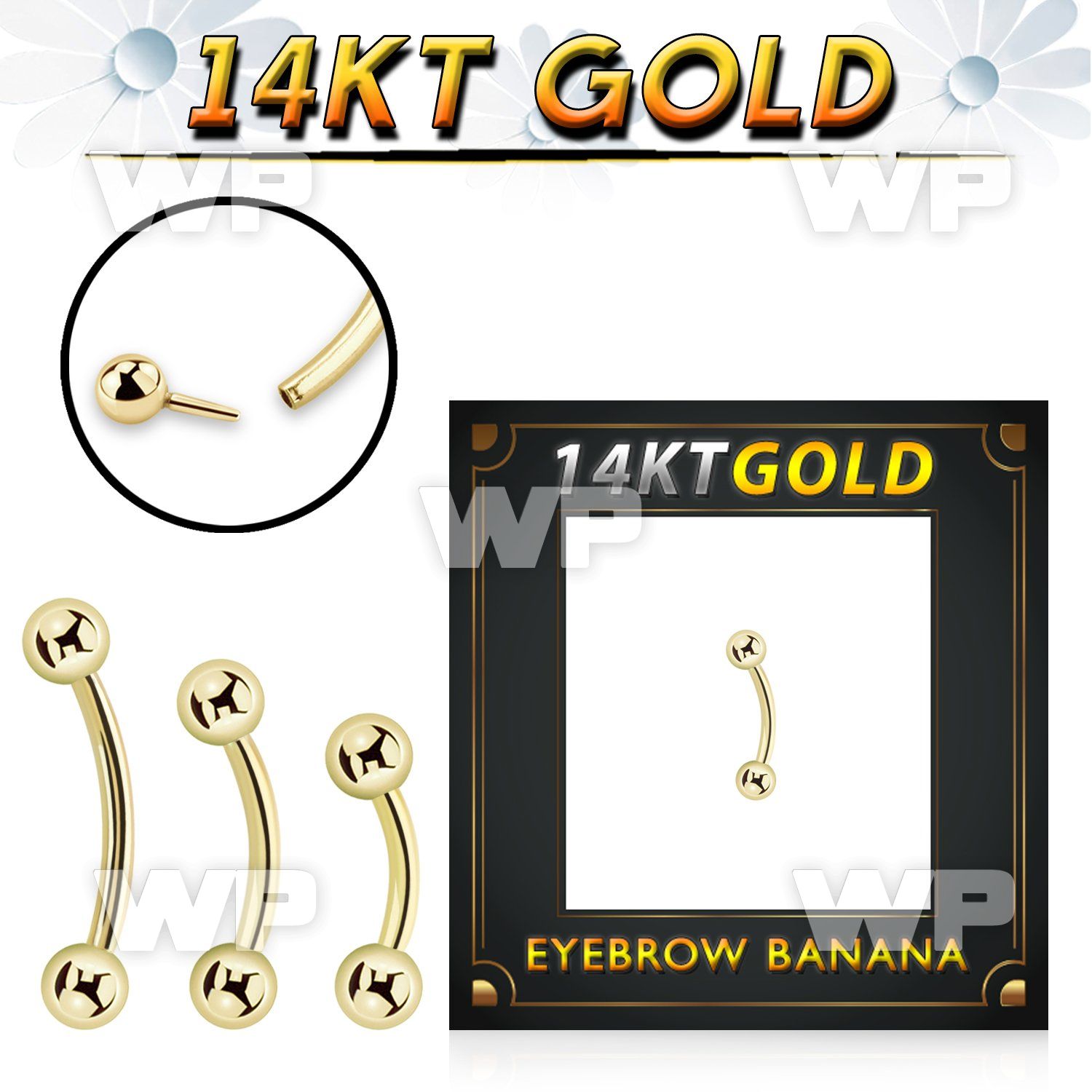 gbnb3 14k gold eyebrow banana w thread less push in 3mm balls