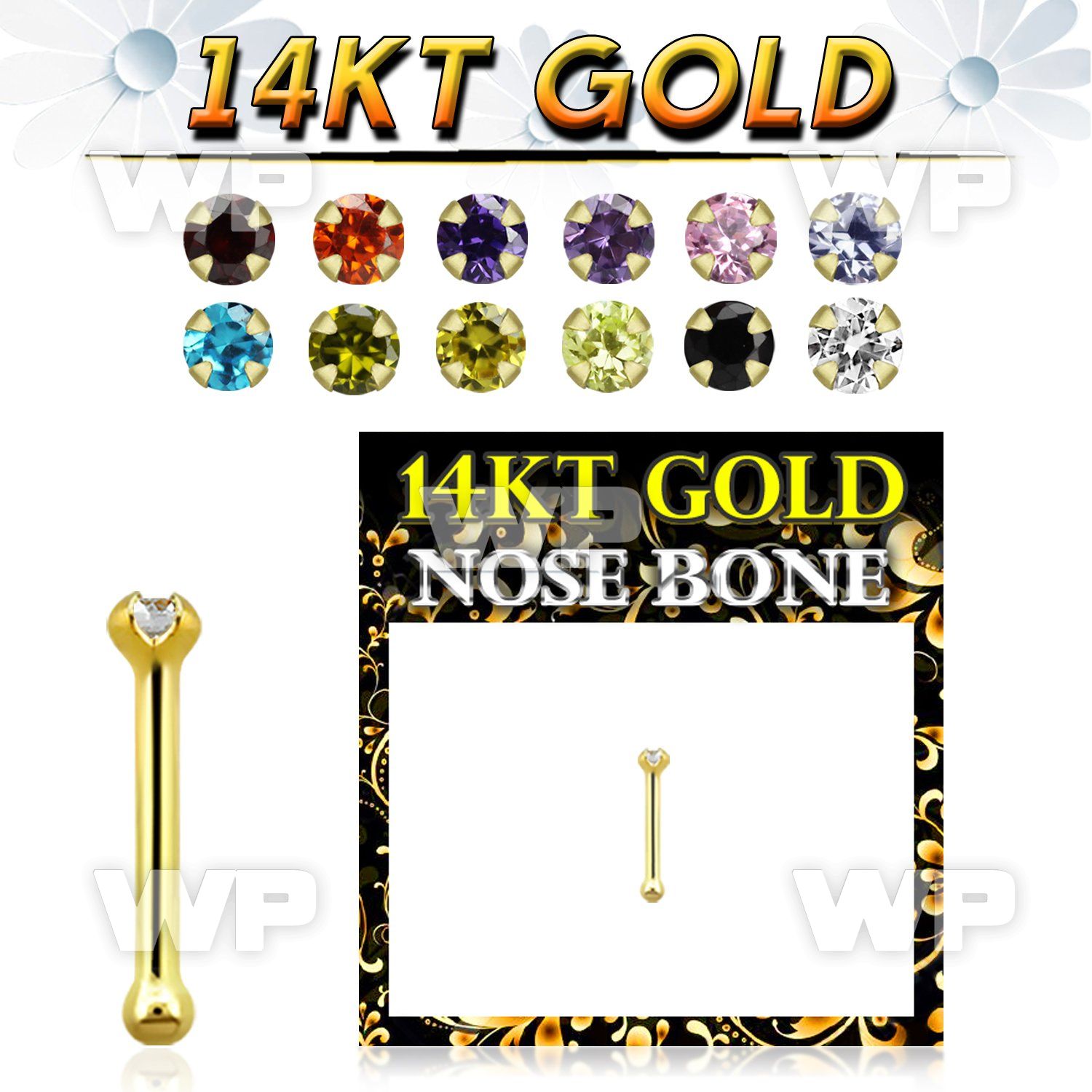 gbzsm1b 14kt gold nose bone, 20g w 1.5mm round prong set cz