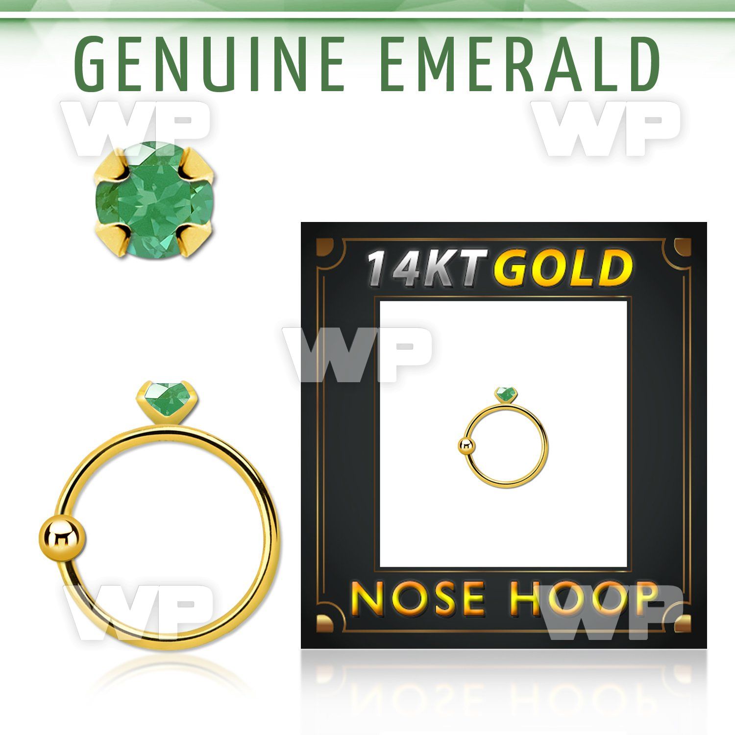 ghge10 14kt gold nose hoop w a 2mm prong set emerald stone