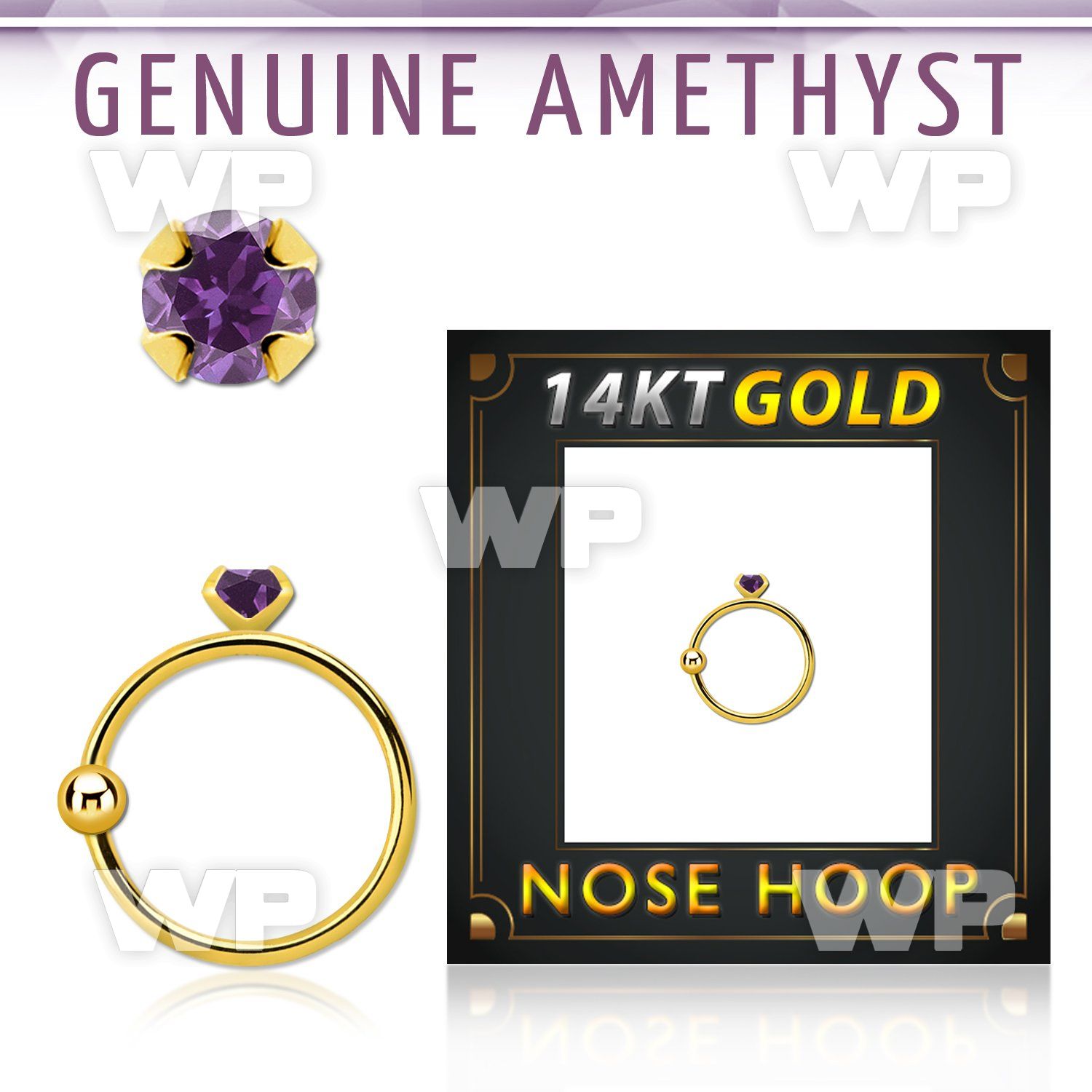 ghge1 14kt gold nose hoop w a 2mm prong set amethyst stone