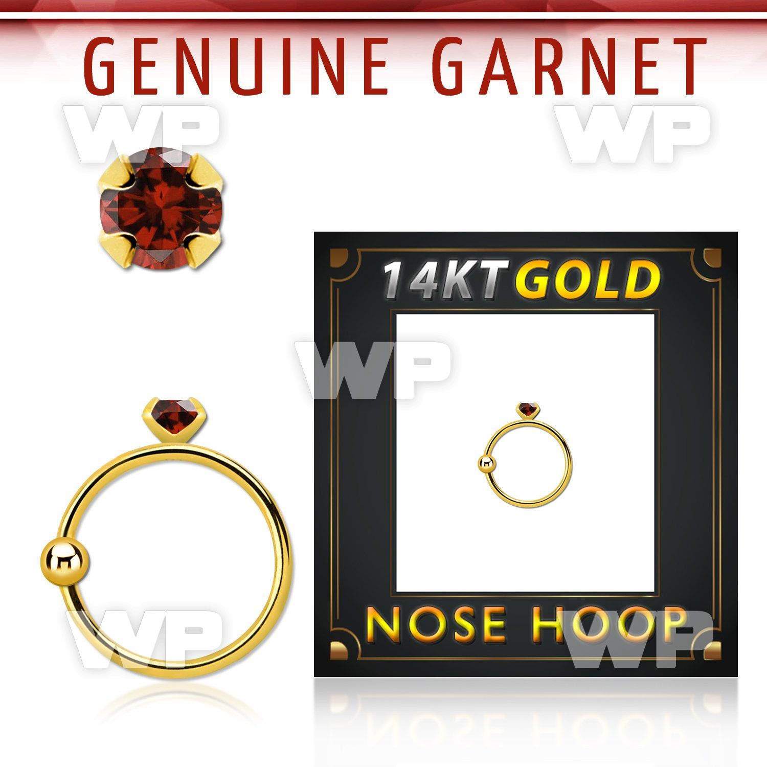 ghge2 14kt gold nose hoop w a 2mm prong set garnet stone