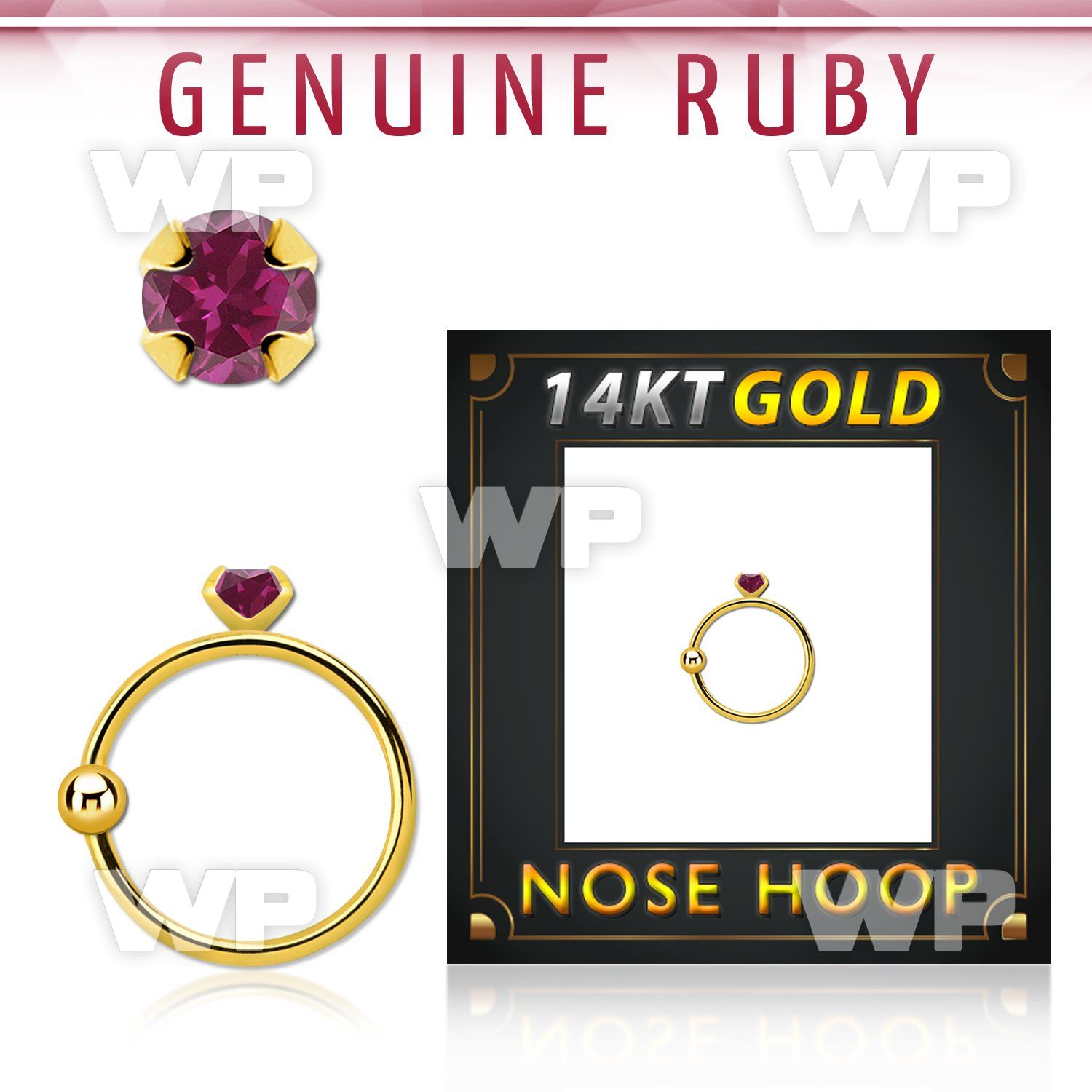 ghge5 14kt gold nose hoop w a 2mm prong set ruby stone