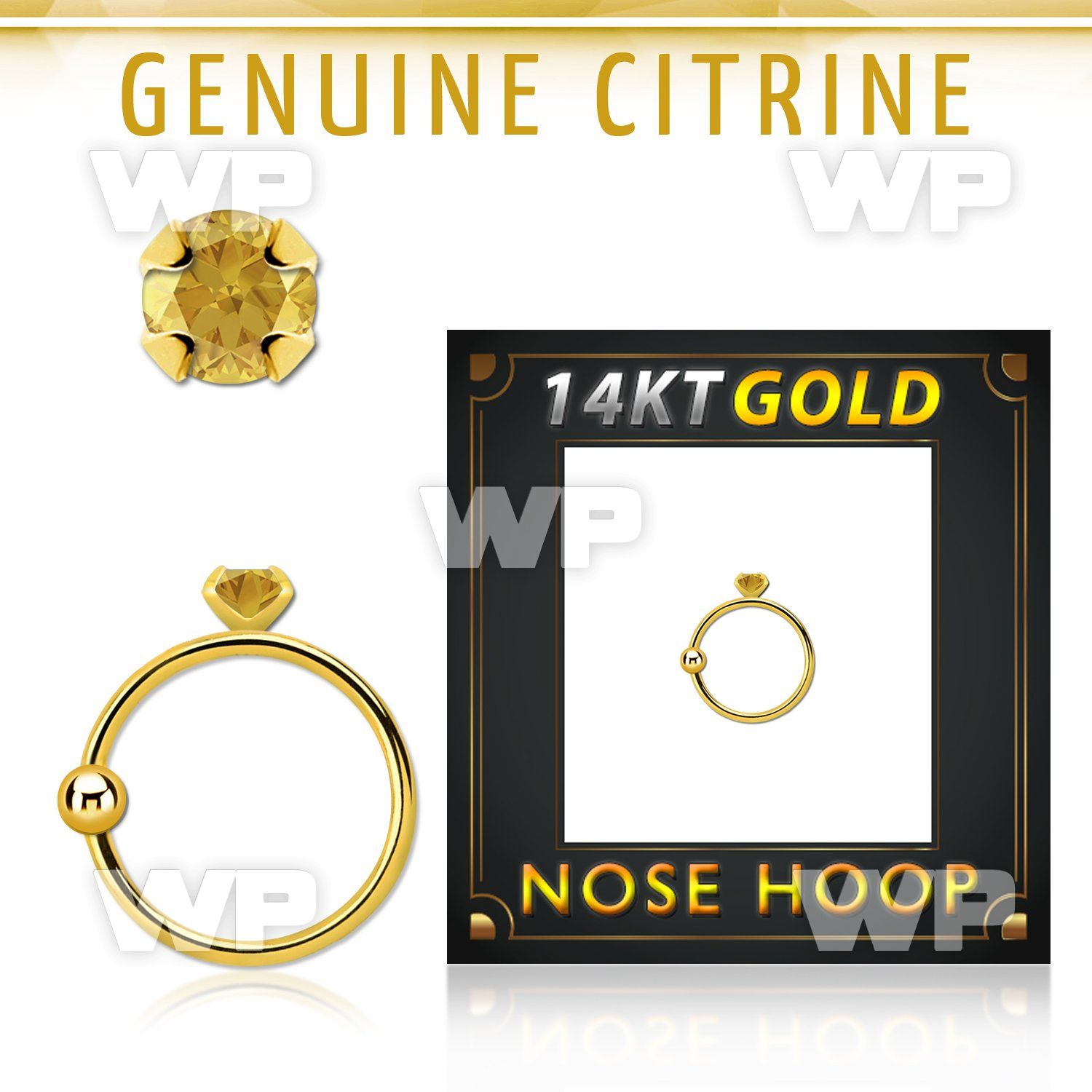 ghge6 14kt gold nose hoop w a 2mm prong set citrine stone