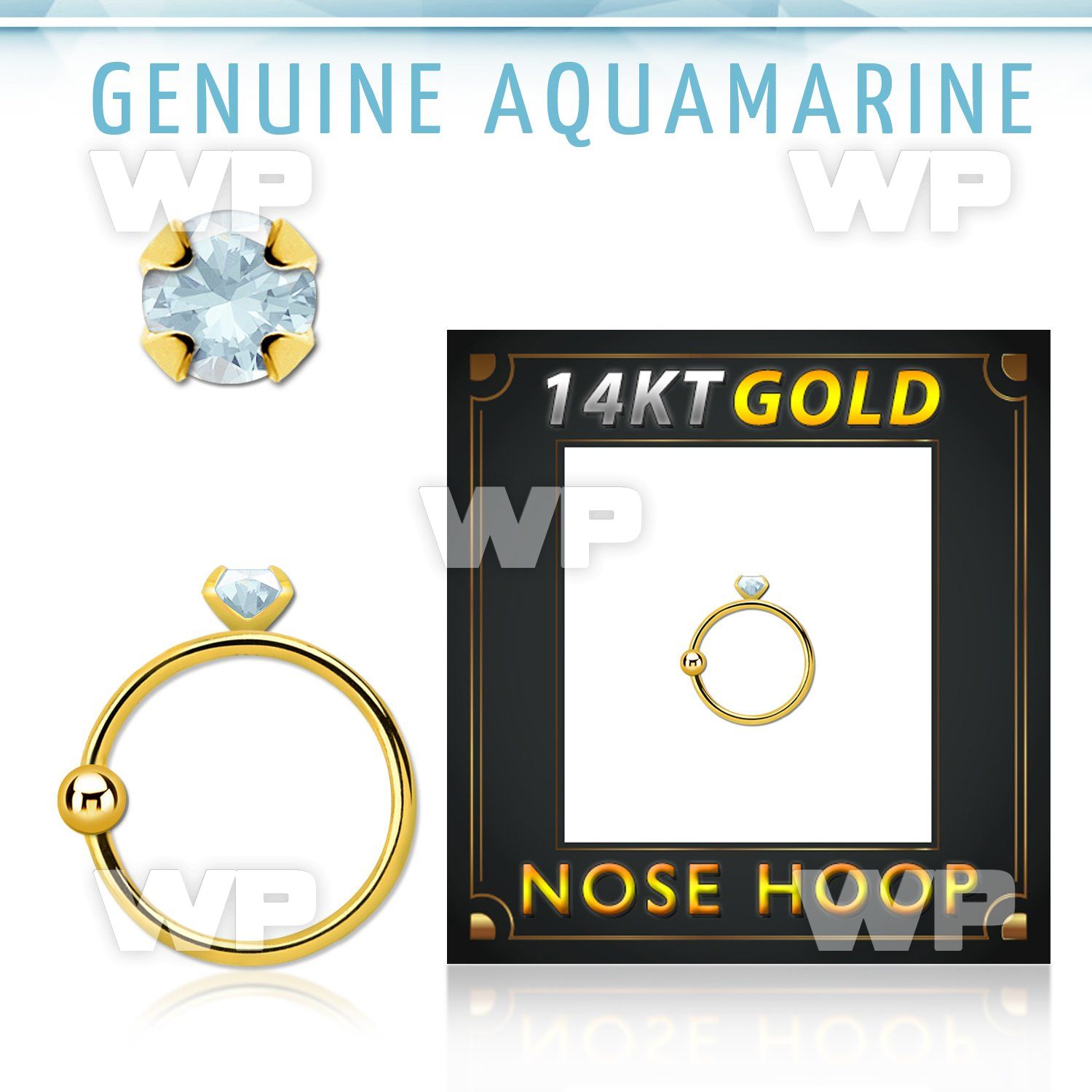 ghge8 14kt gold nose hoop w a 2mm prong set aquamarine stone