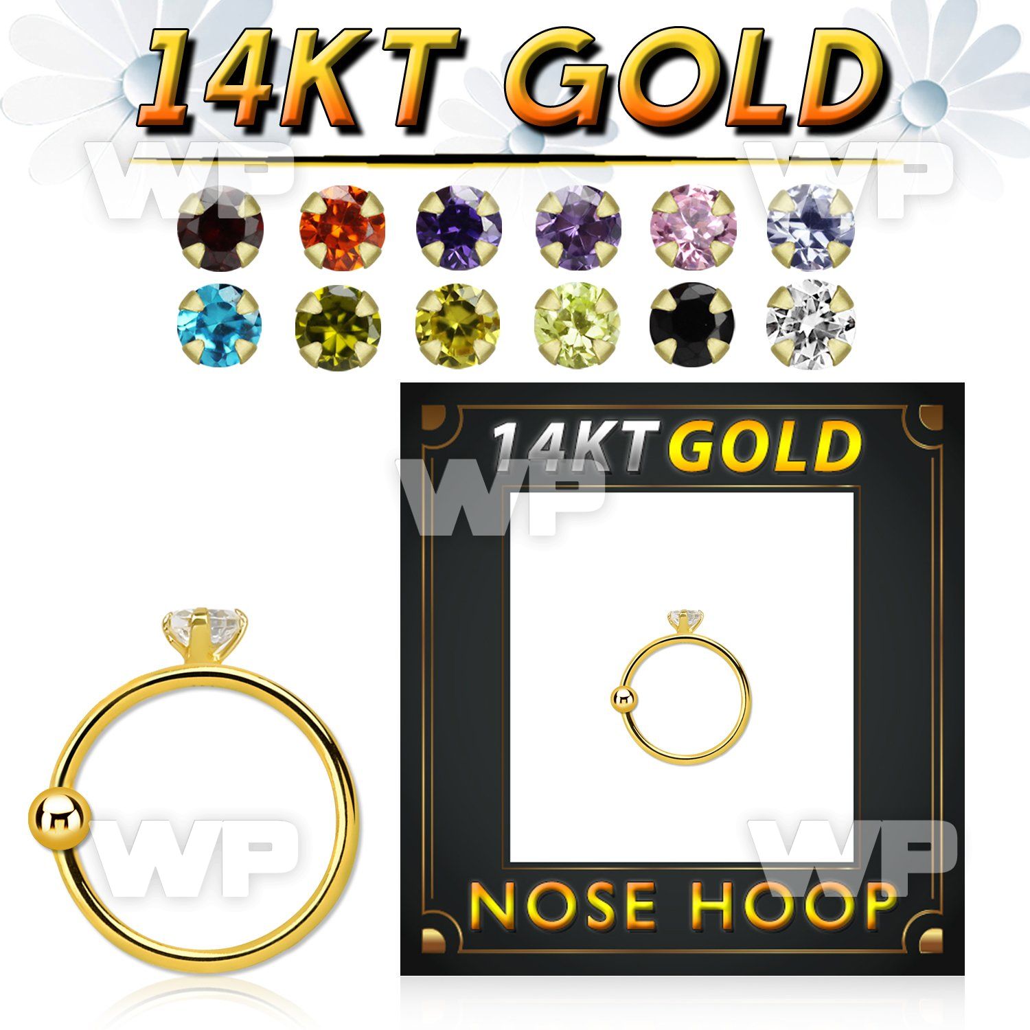 ghz15 14kt gold nose hoop w a 1.5mm prong set round cz