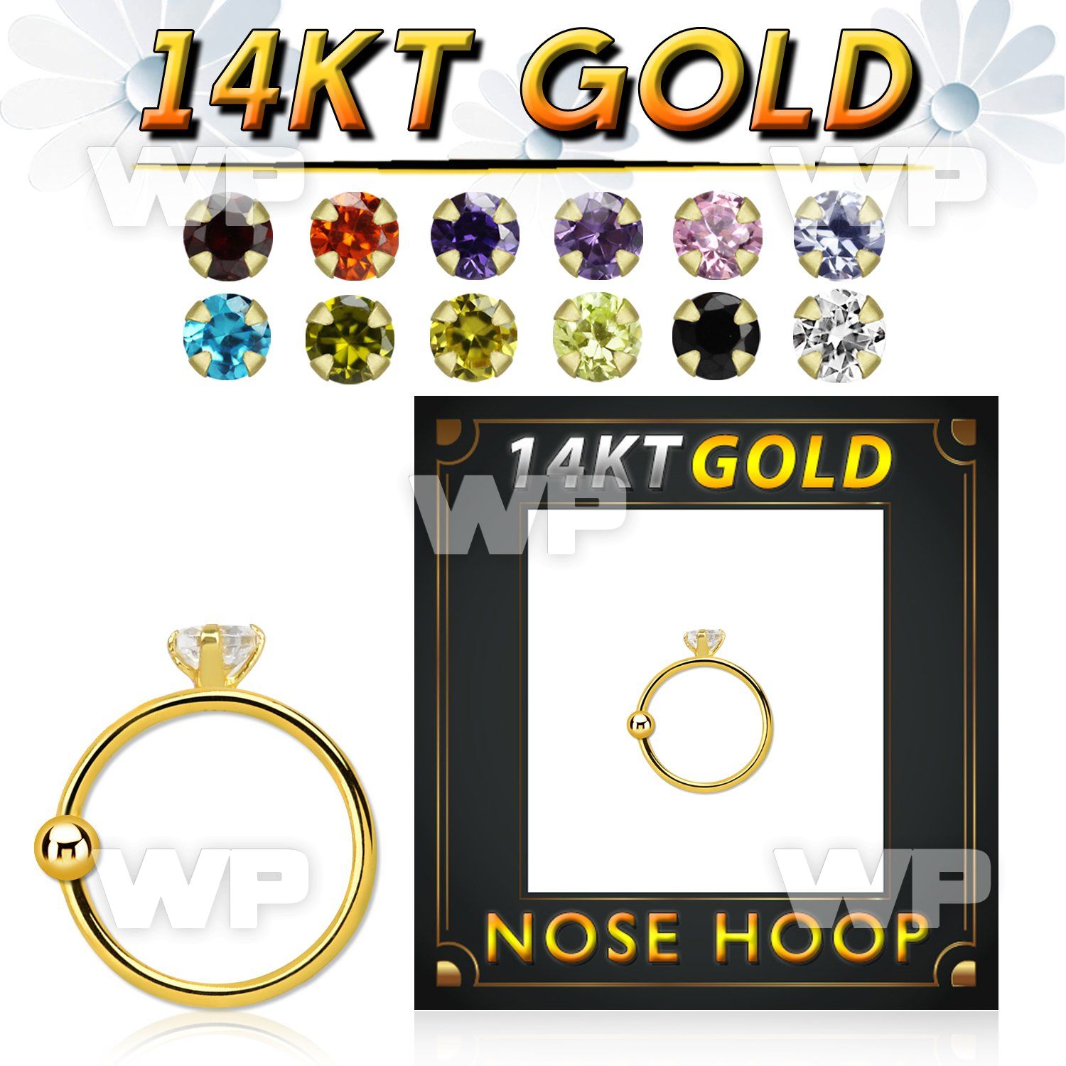 ghz2 14kt gold nose hoop w a 2mm prong set round cz