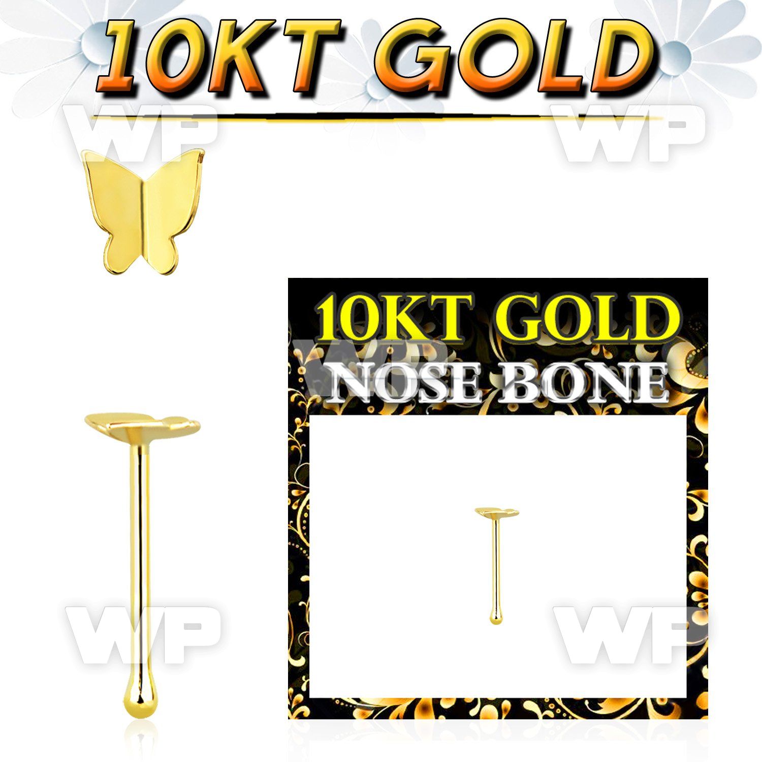 gibbt2 10kt gold nose bone, w plain gold butterfly shaped top