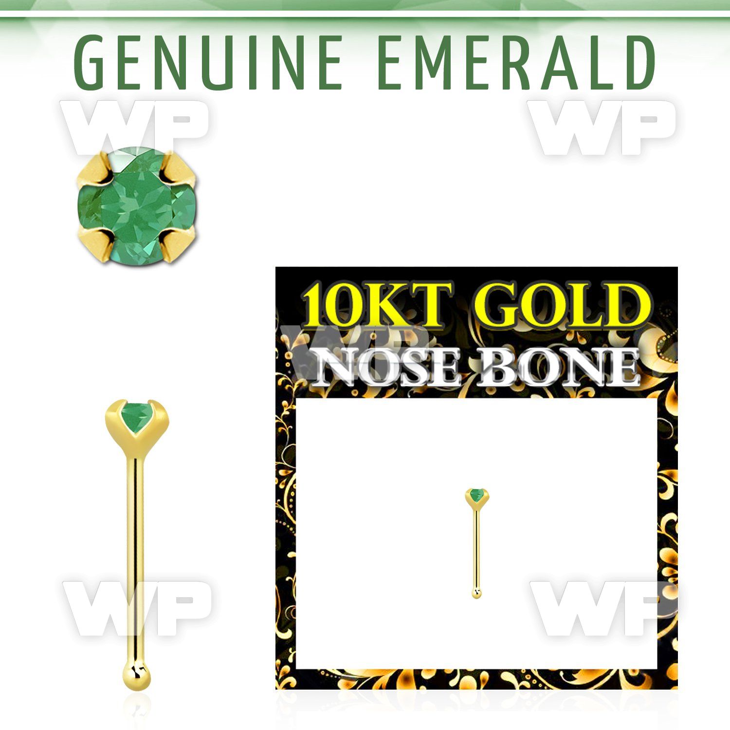 ginbge10 10kt gold nose bone with a 2mm prong set emerald