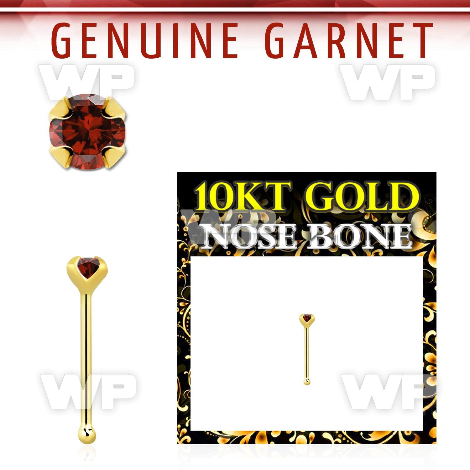 ginbge2 10kt gold nose bone with a 2mm prong set garnet