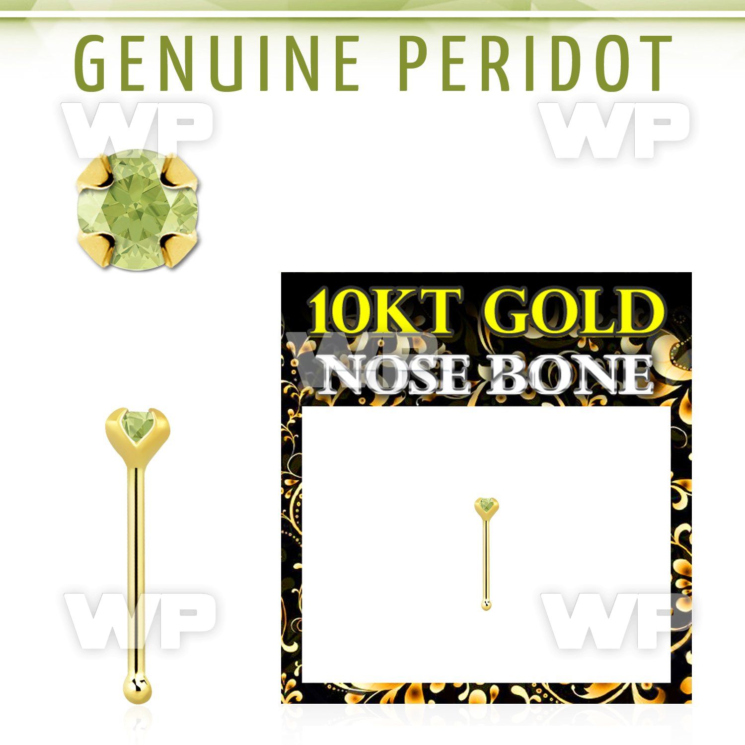 ginbge4 10kt gold nose bone with a 2mm prong set peridot