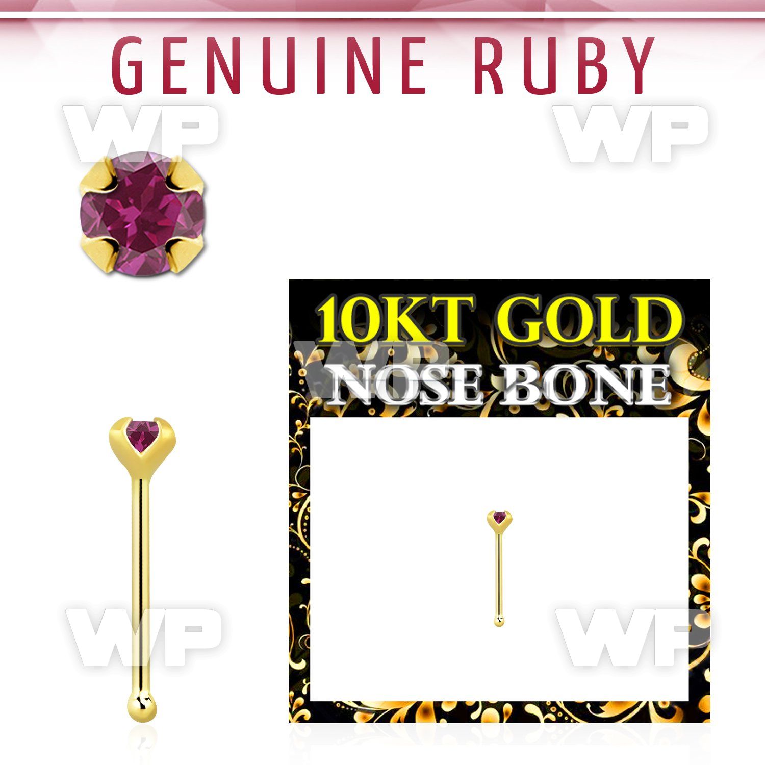 ginbge5 10kt gold nose bone with a 2mm prong set ruby stone