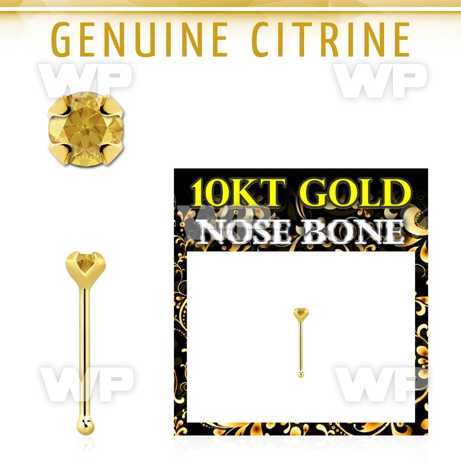ginbge6 10kt gold nose bone with a 2mm prong set citrine stone