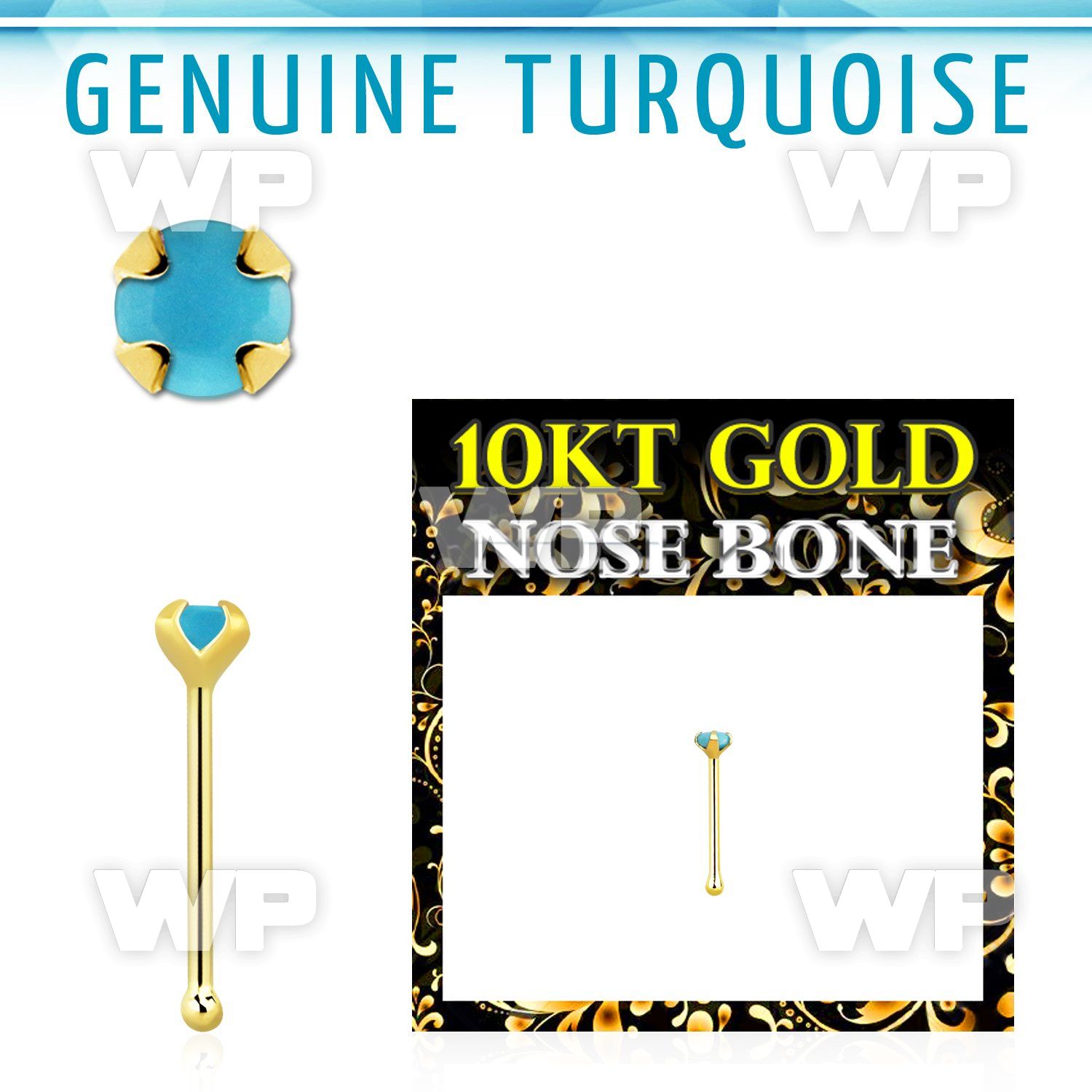 ginbge7 10kt gold nose bone w 2mm prong set turquoise stone