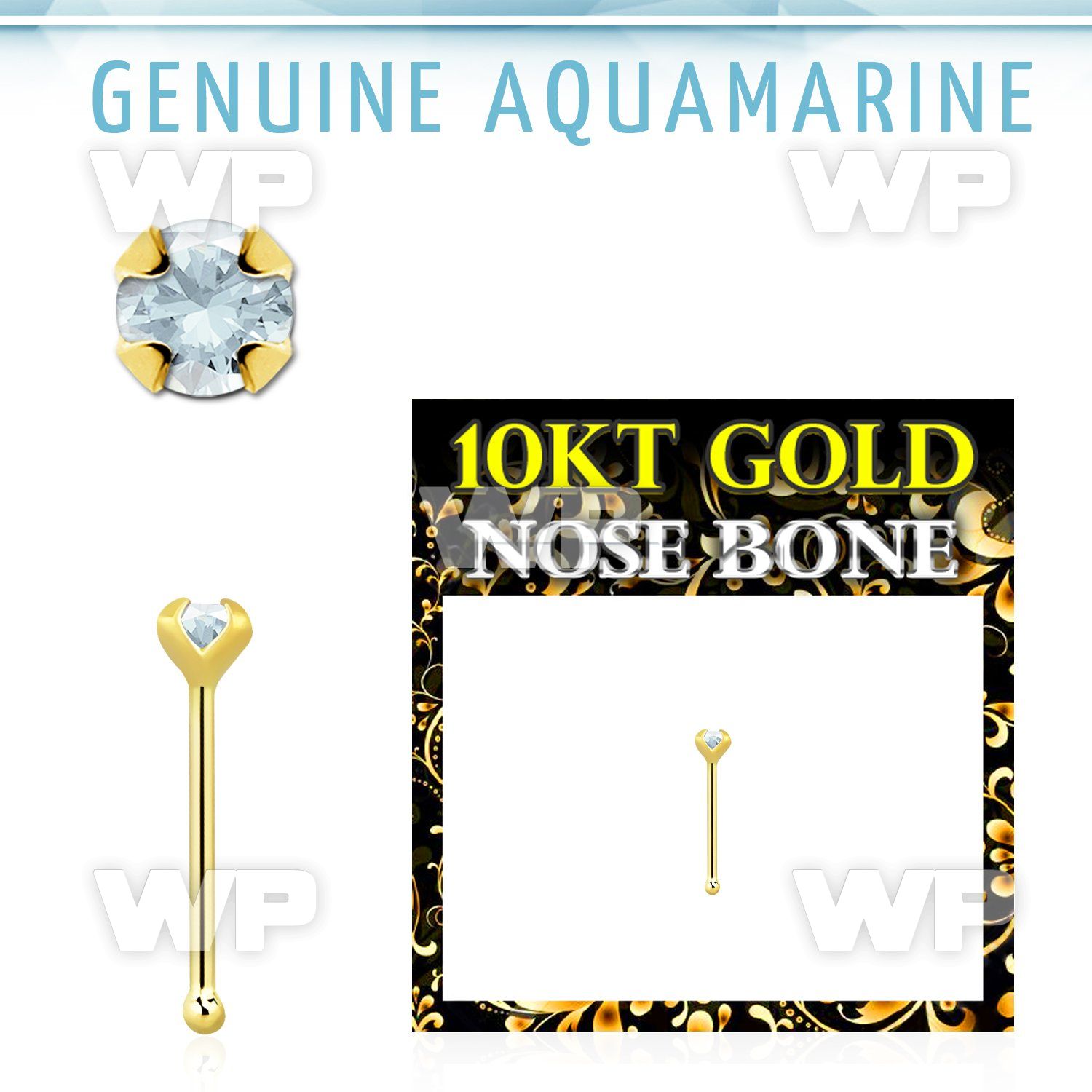 ginbge8 10kt gold nose bone with a 2mm prong set aquamarine