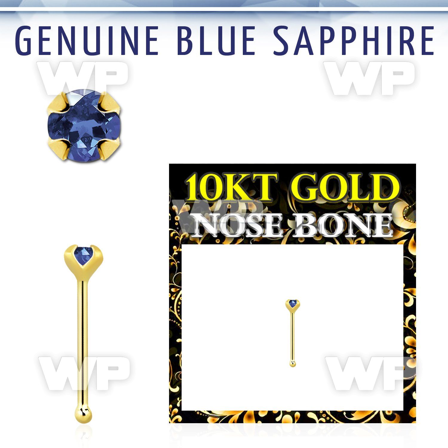 ginbge9 10kt gold nose bone with a 2mm prong set blue sapphire