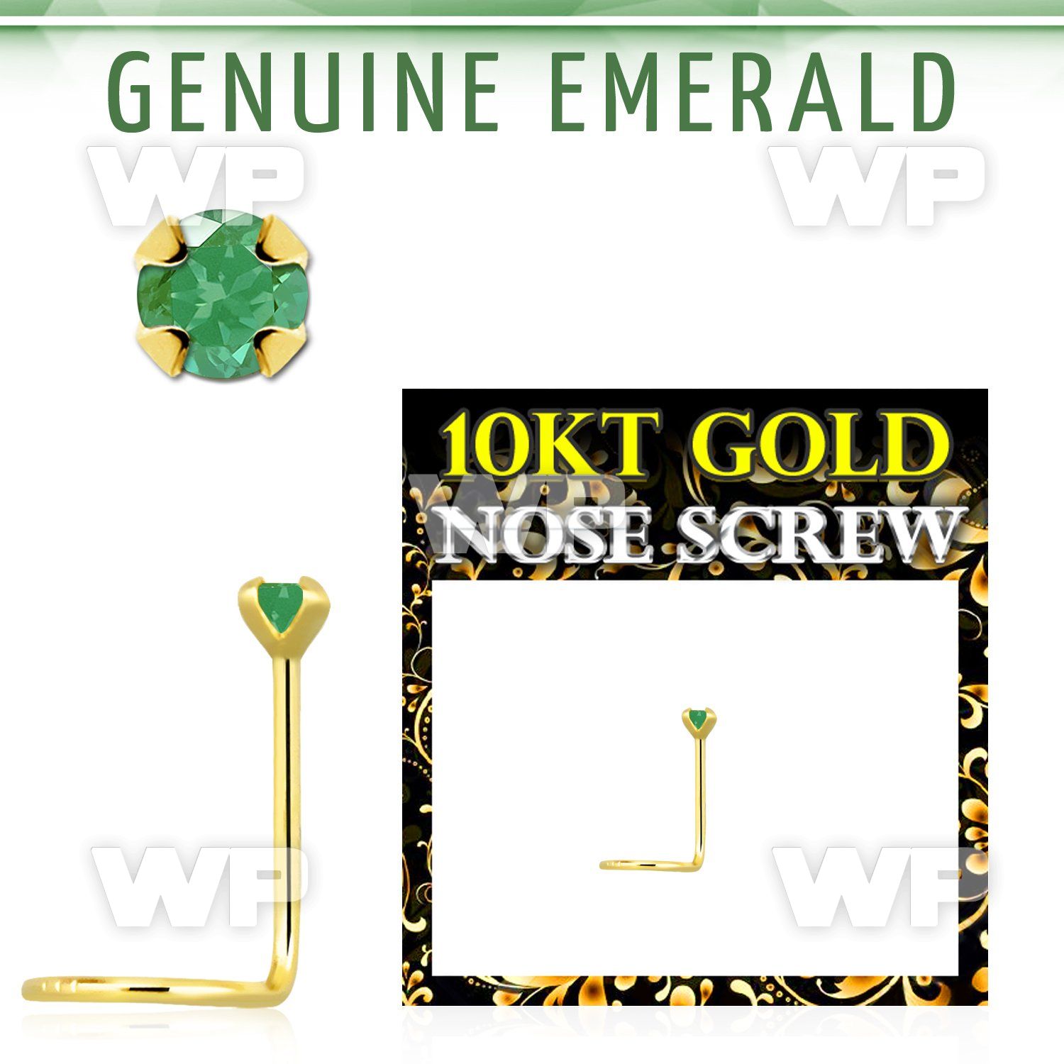 giscge10 10kt gold nose screw with a 2mm prong set emerald stone