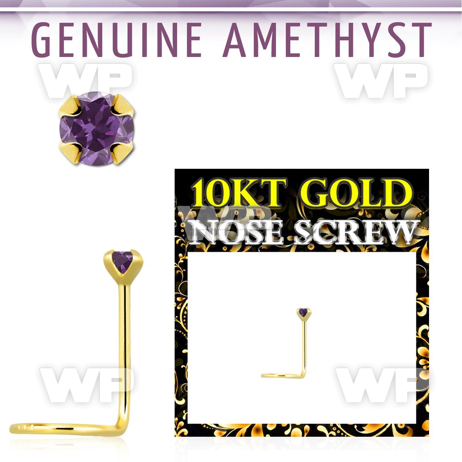 giscge1 10kt gold nose screw with a 2mm prong set amethyst stone