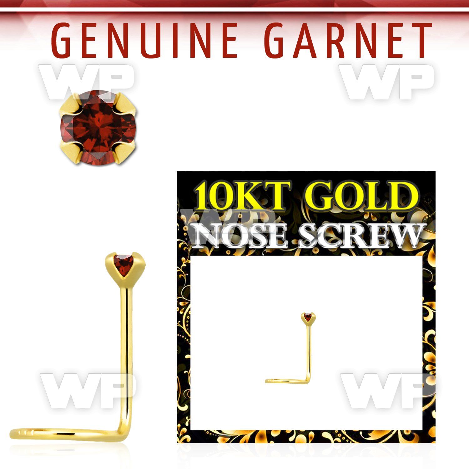 giscge2 10kt gold nose screw with a 2mm prong set garnet stone