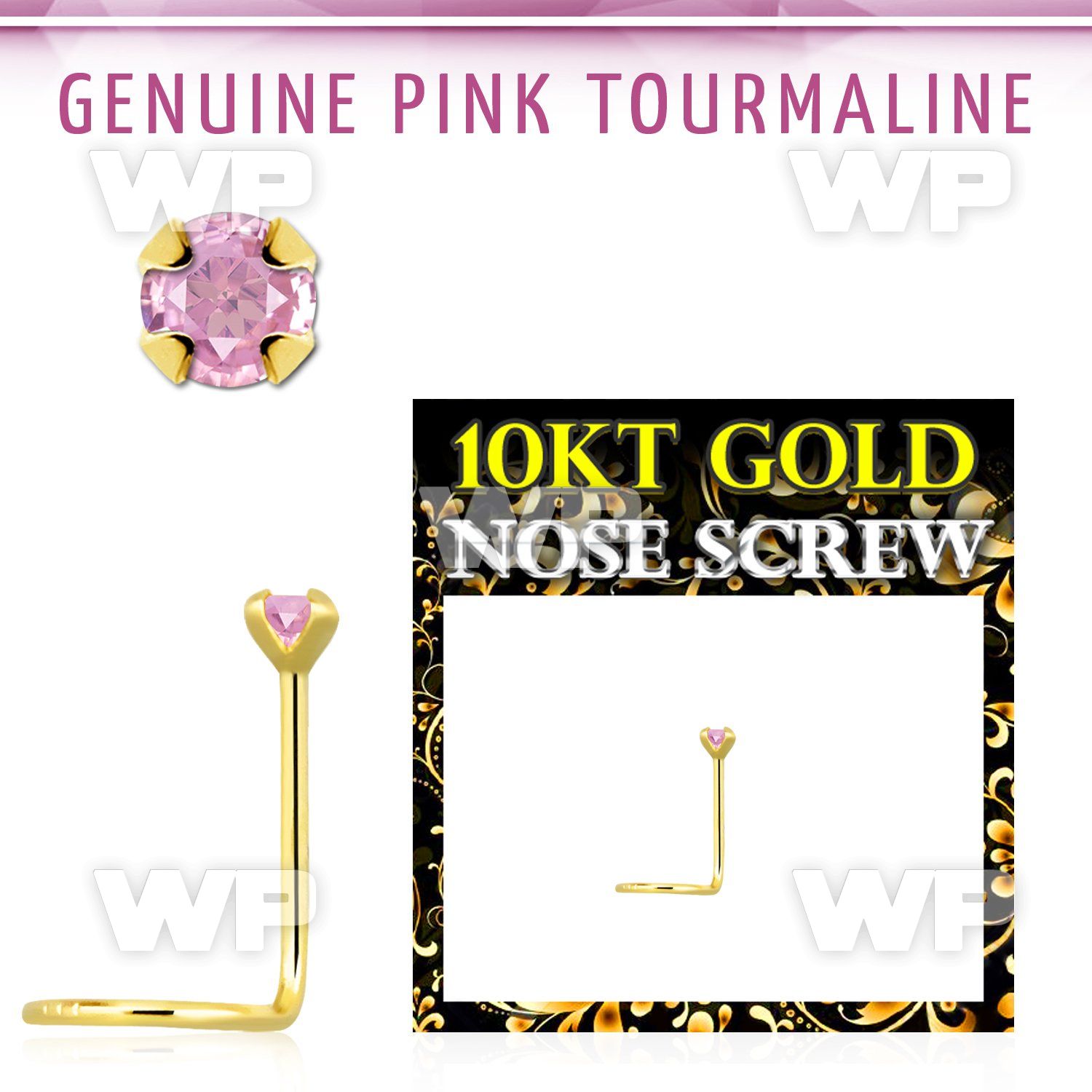 giscge3 10kt gold nose screw with 2mm prong set pink tourmaline