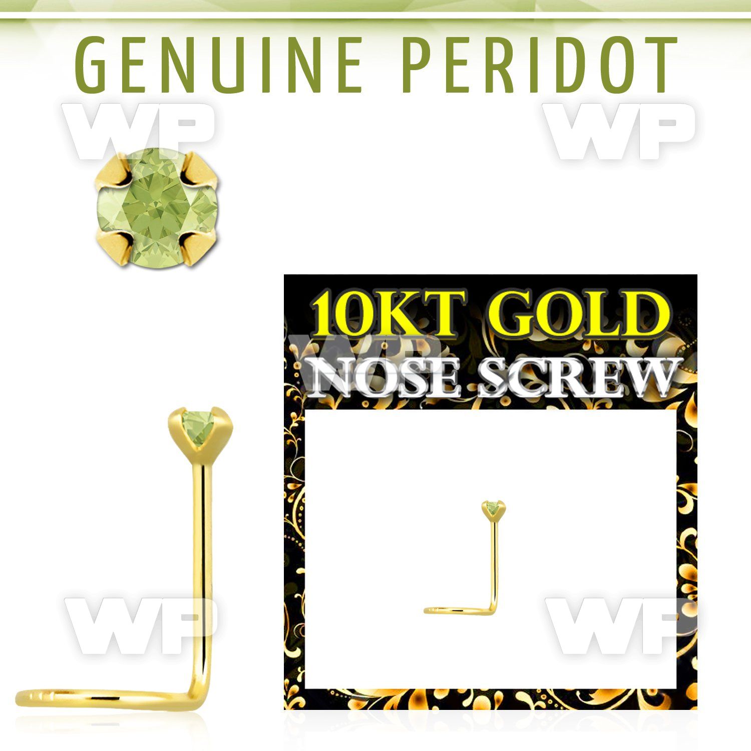 giscge4 10kt gold nose screw with a 2mm prong set peridot stone
