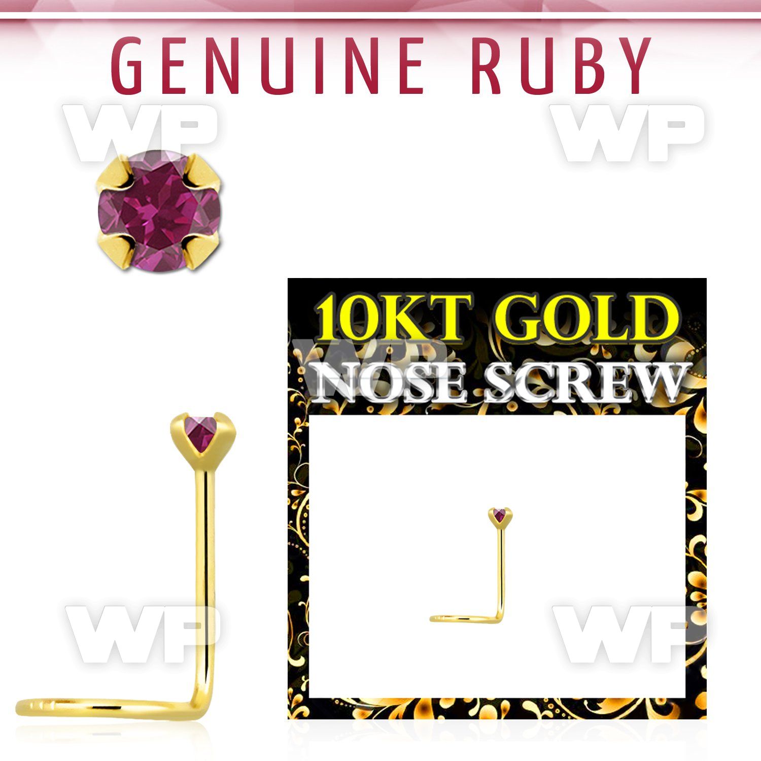 giscge5 10kt gold nose screw with a 2mm prong set ruby stone