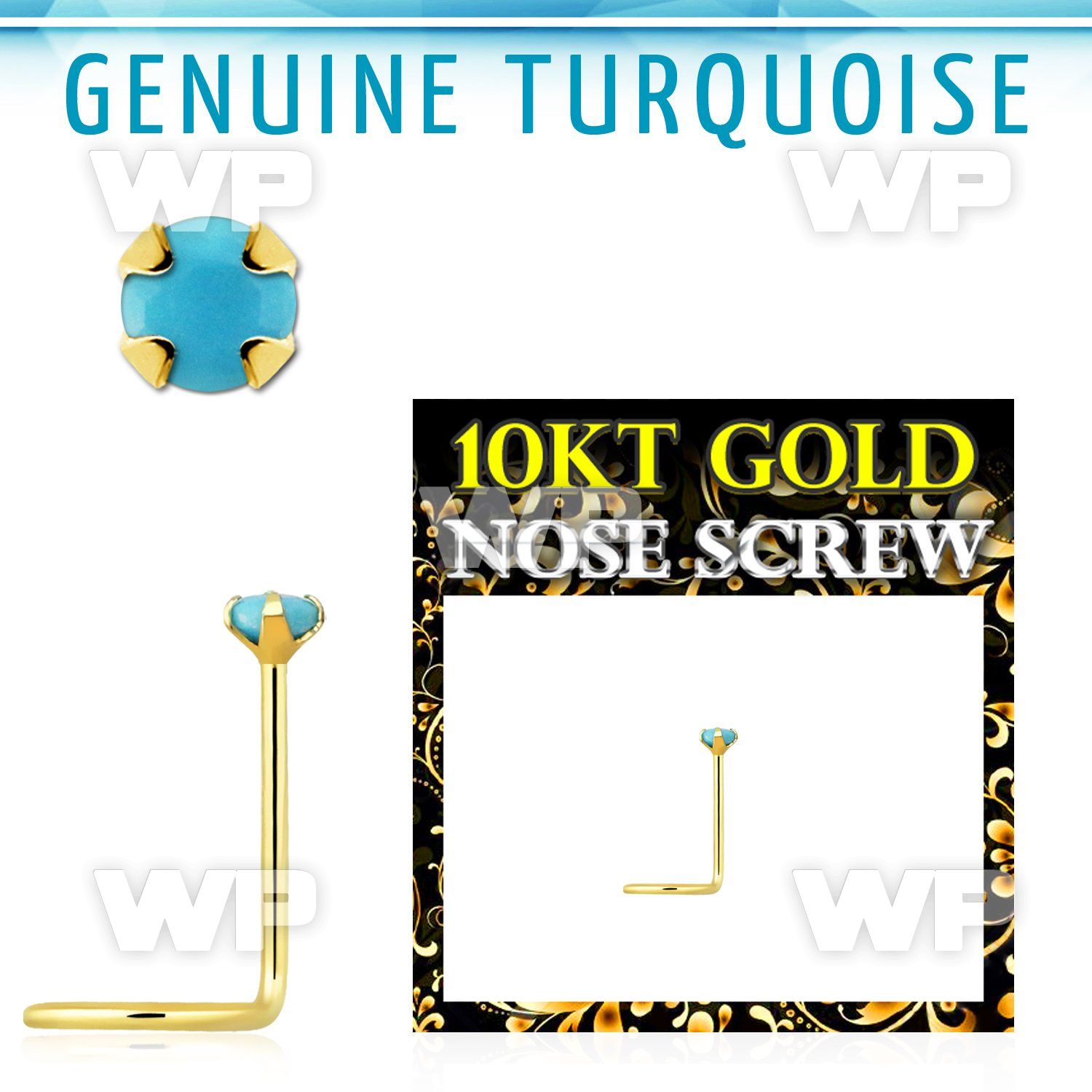 giscge7 10kt gold nose screw with 2mm prong set turquoise stone