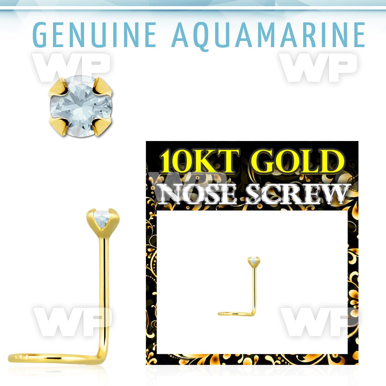 giscge8 10kt gold nose screw with 2mm prong set aquamarine