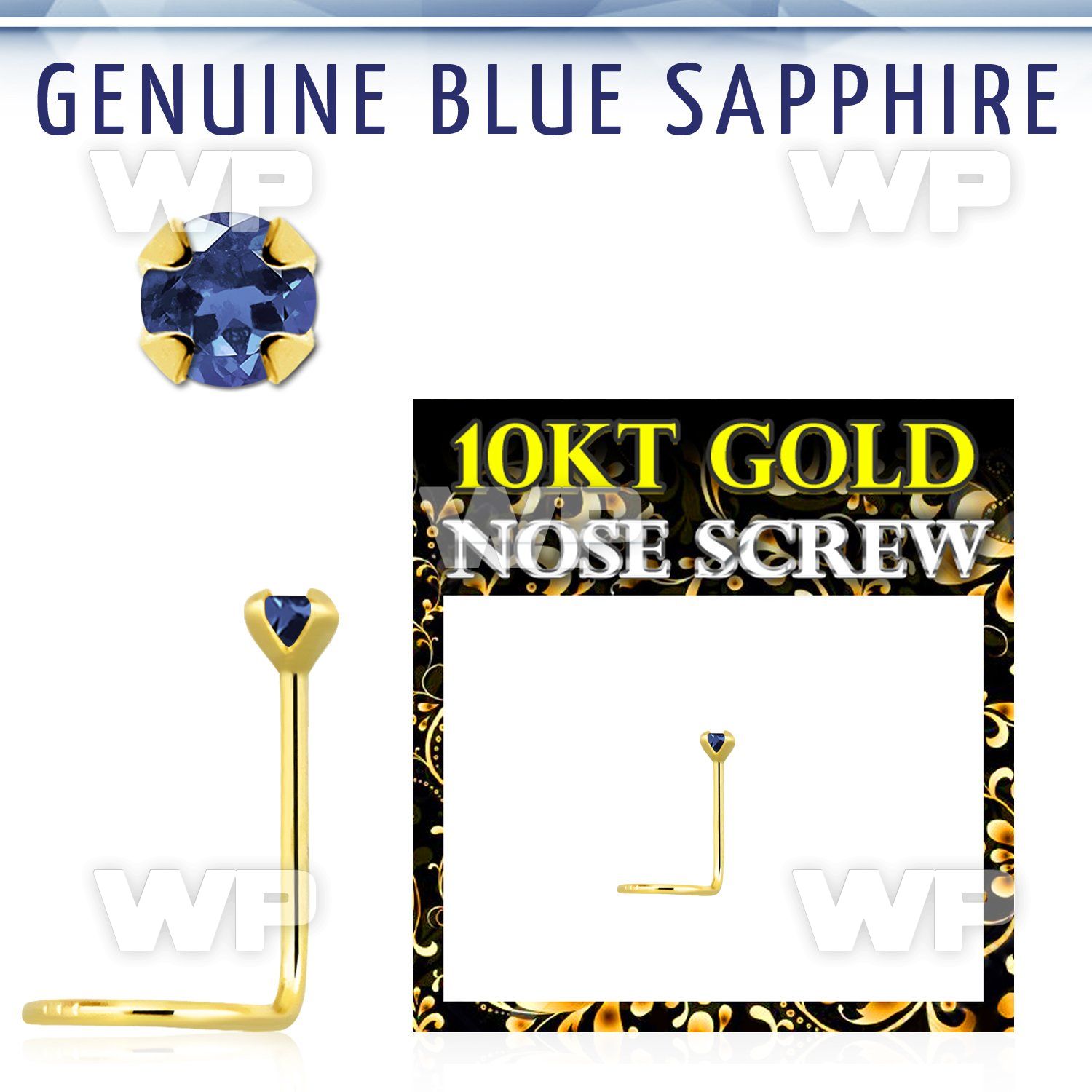giscge9 10kt gold nose screw with 2mm prong set blue sapphire
