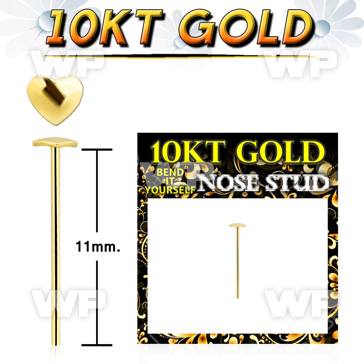 giysht 10kt gold bend it nose stud with 2.5mm gold heart top