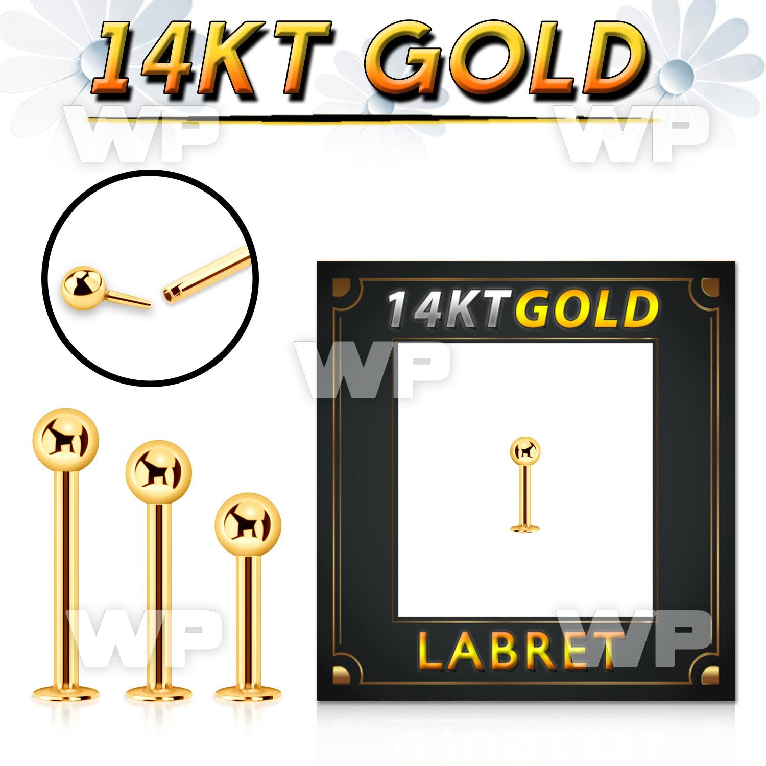 glbb3 14k gold eyebrow labret w thread less push in 3mm ball