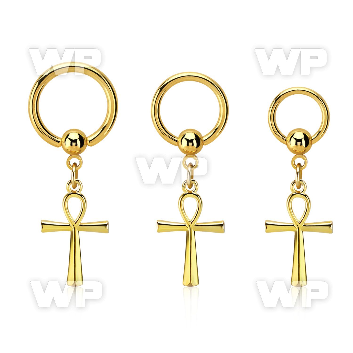 gold steel ball closure ring 14g w a dangling ankh cross 