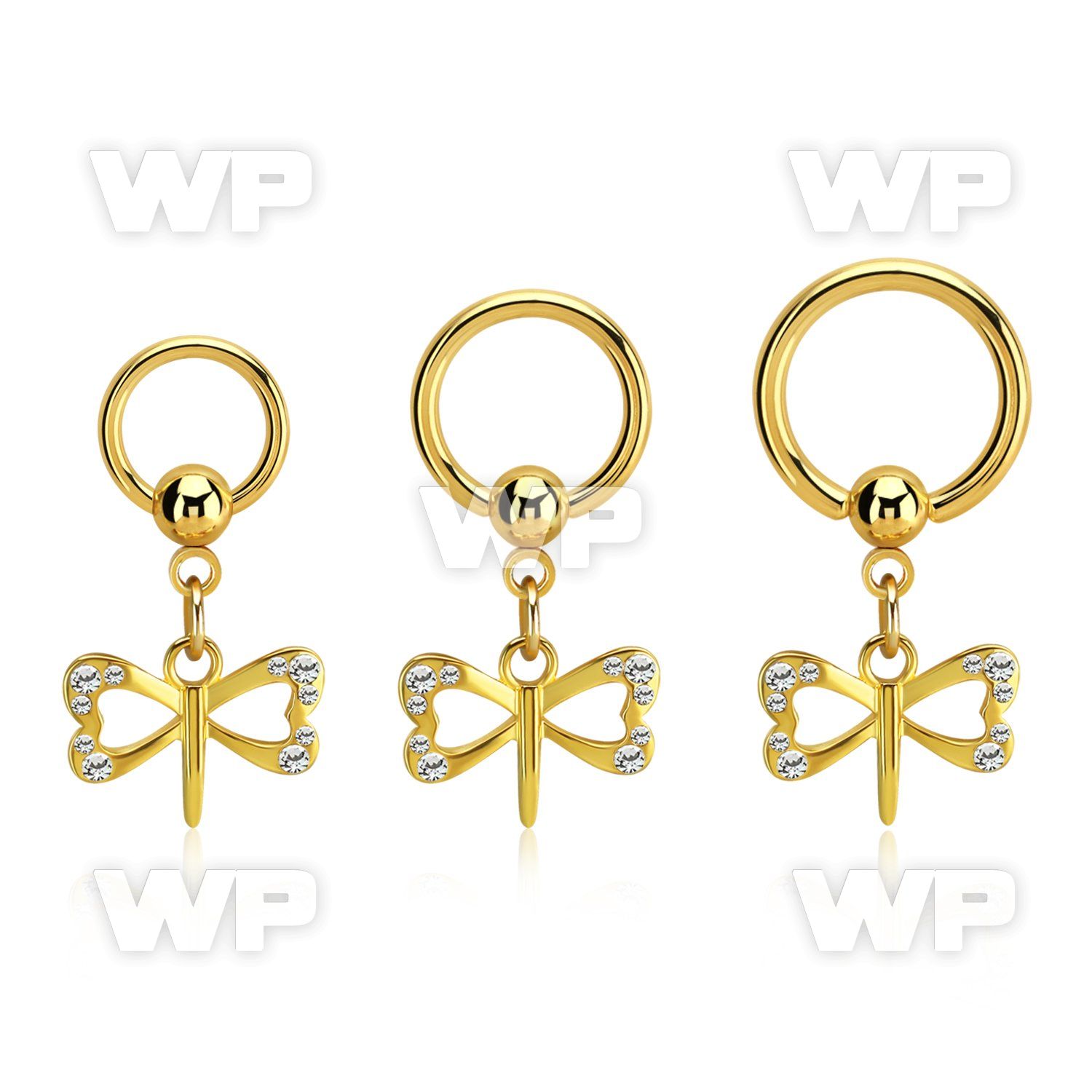 gold steel ball closure ring 14g w dangling dragonfly