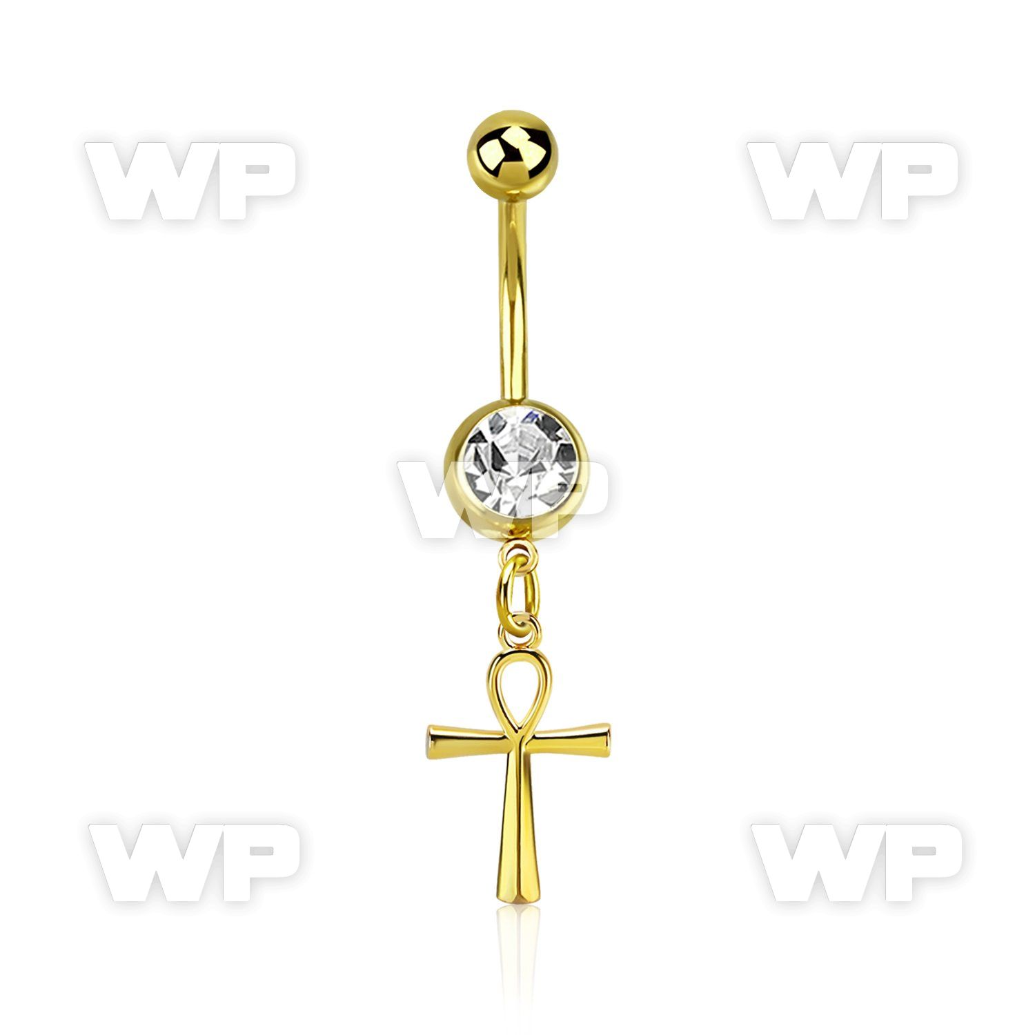 gold steel belly banana 14g w a dangling ankh cross 