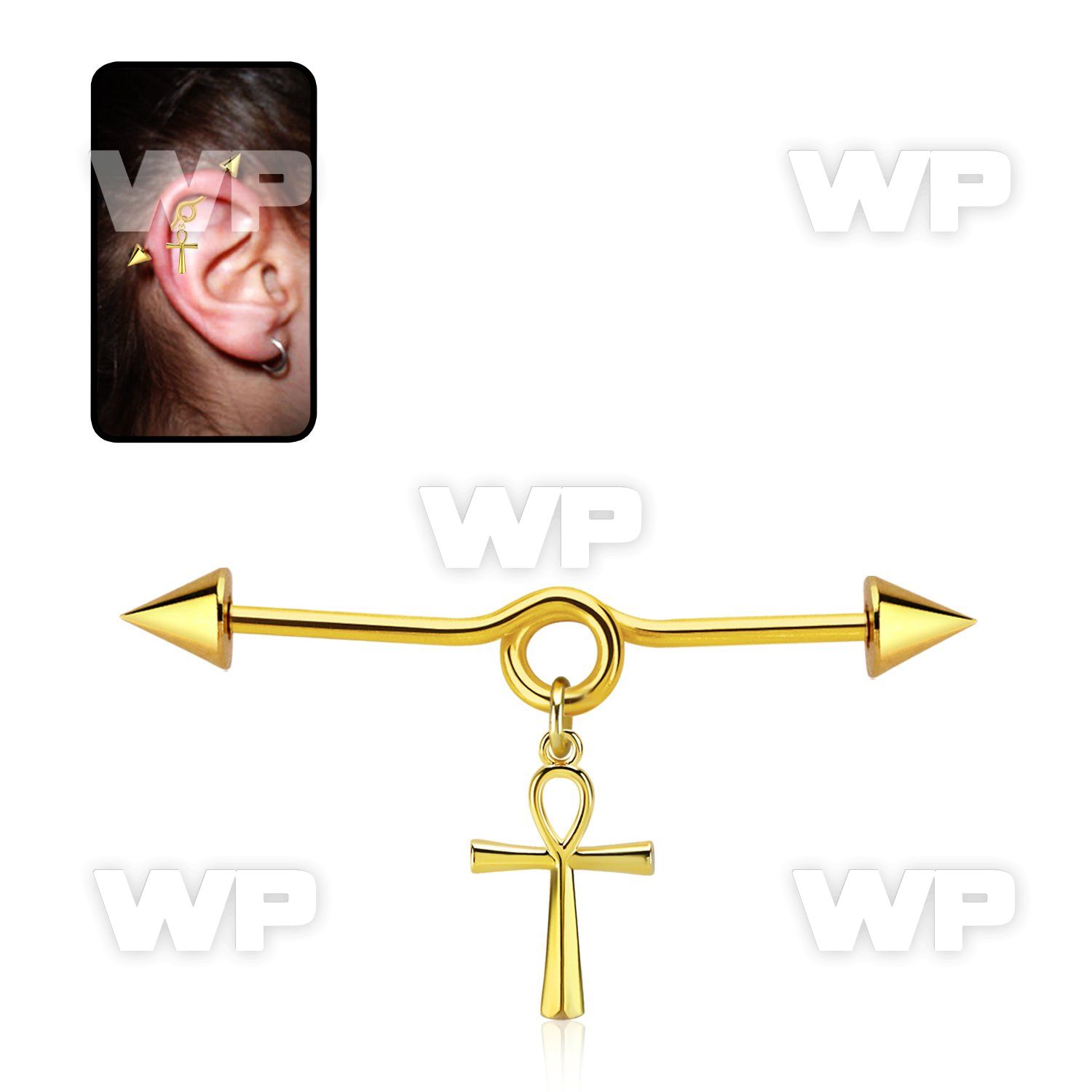 gold steel industrial loop barbell w cone & ankh cross