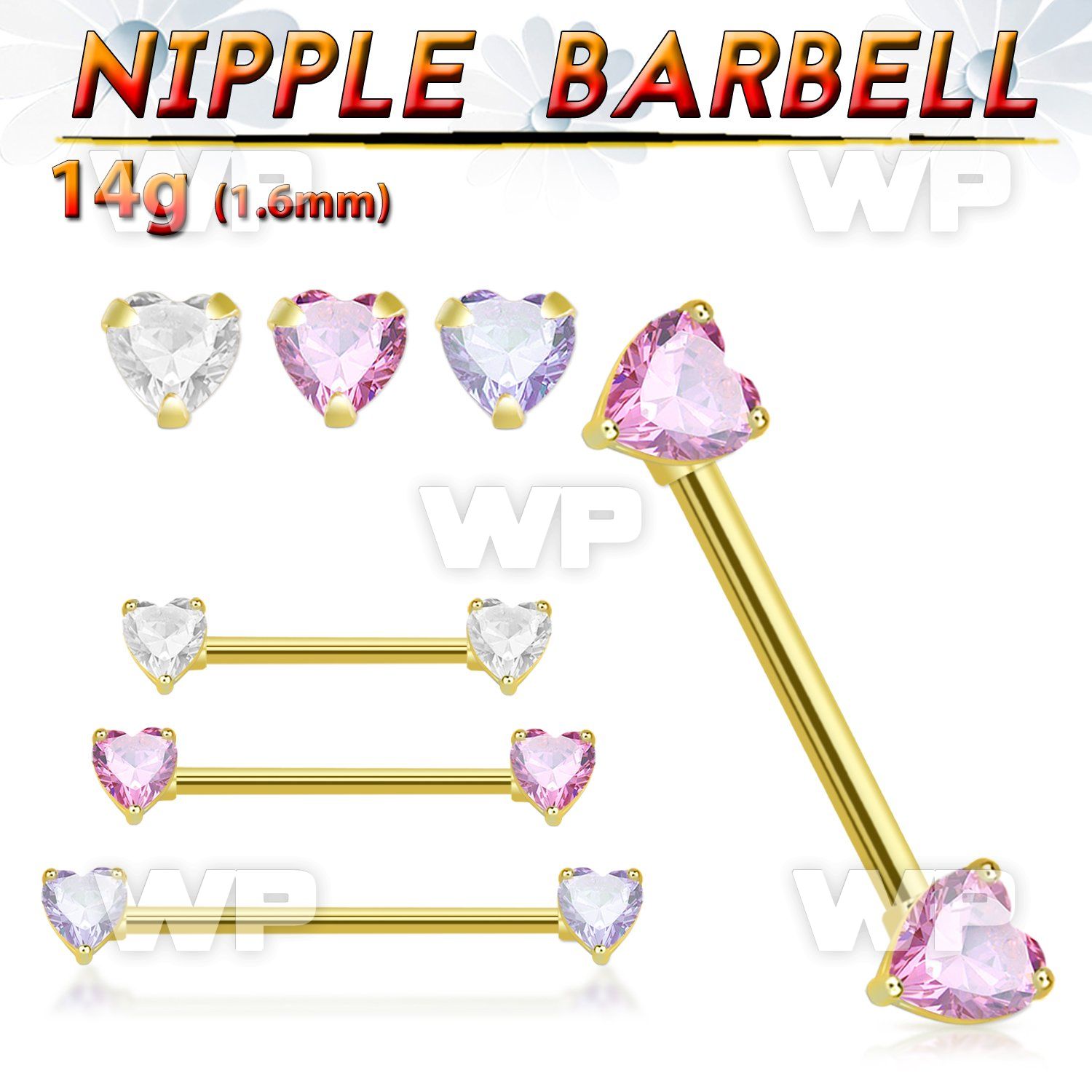 gold steel nipple barbell w prong set heart shaped czs