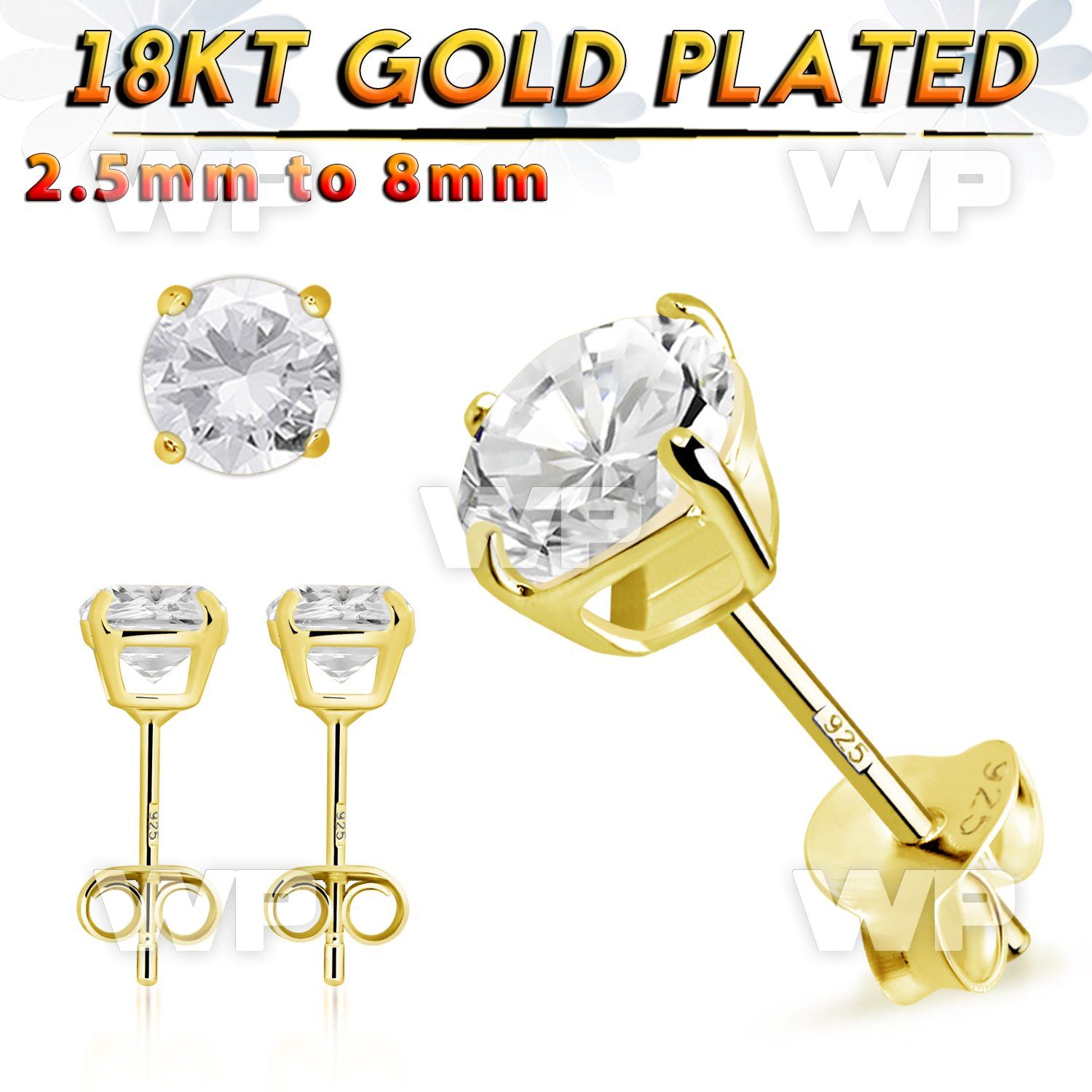 gpecrza pair of 18k gold plated silver casting ear stud w aaa cz