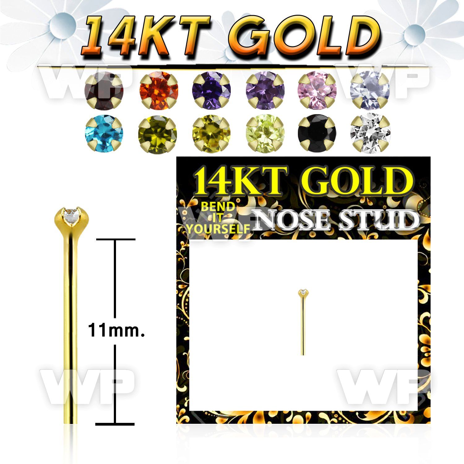 gyczm1b 14kt gold nose bend it nose stud, 20g w 1.5mm round cz
