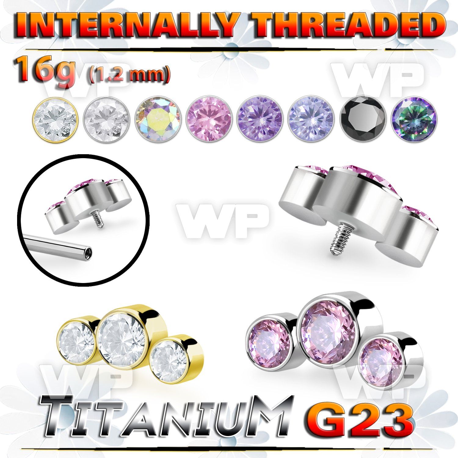 h3xg08u titanium top part post three round color cz