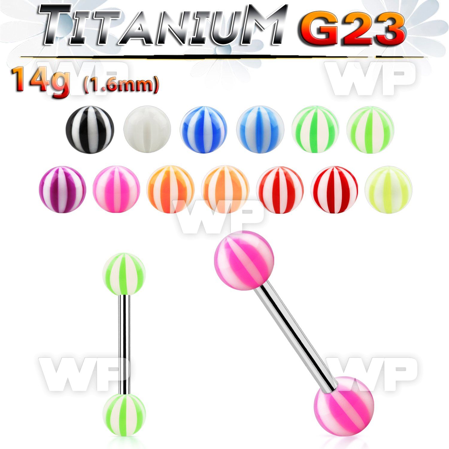 h444w g23 titanium tongue bar 1 6mm 6mm acrylic beach balls tongue piercing