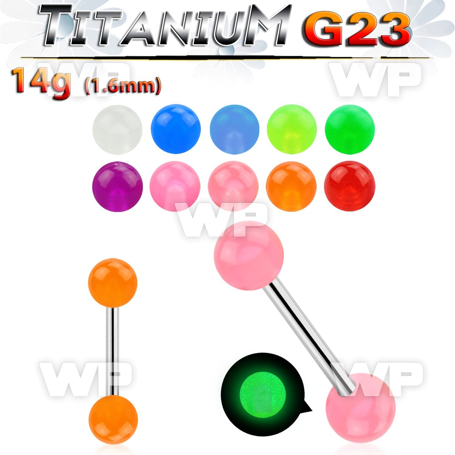 h44ib g23 titanium tongue bar 1 6mm 6mm glow in the dark bubbl tongue piercing