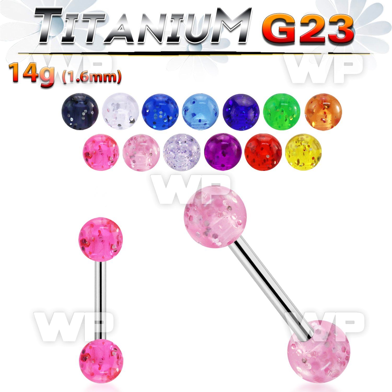 h44ir g23 titanium tongue bar 1 6mm 6mm acrylic glitter balls tongue piercing