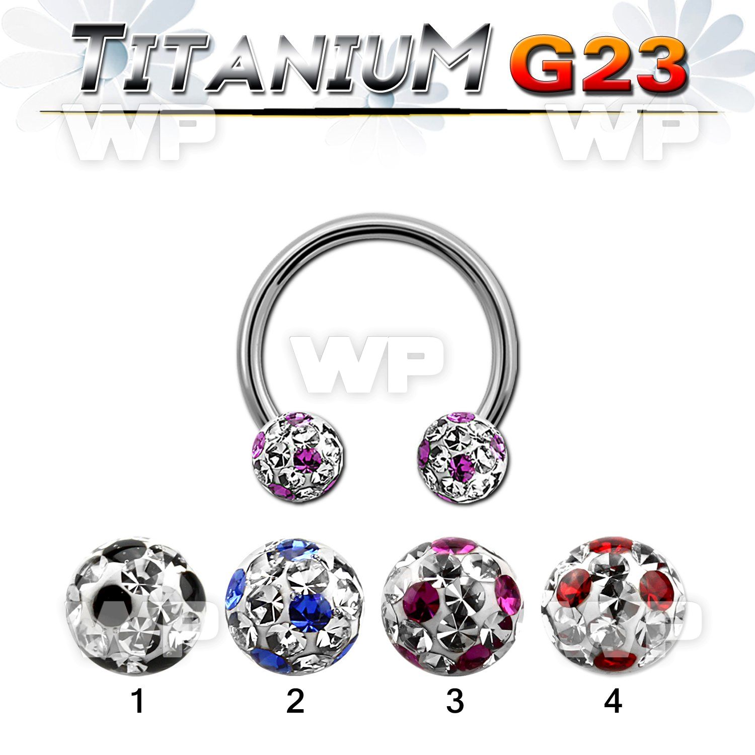 h64day7 g23 titanium cbr horseshoe 1 6mm 6mm multi crystal ball belly piercing