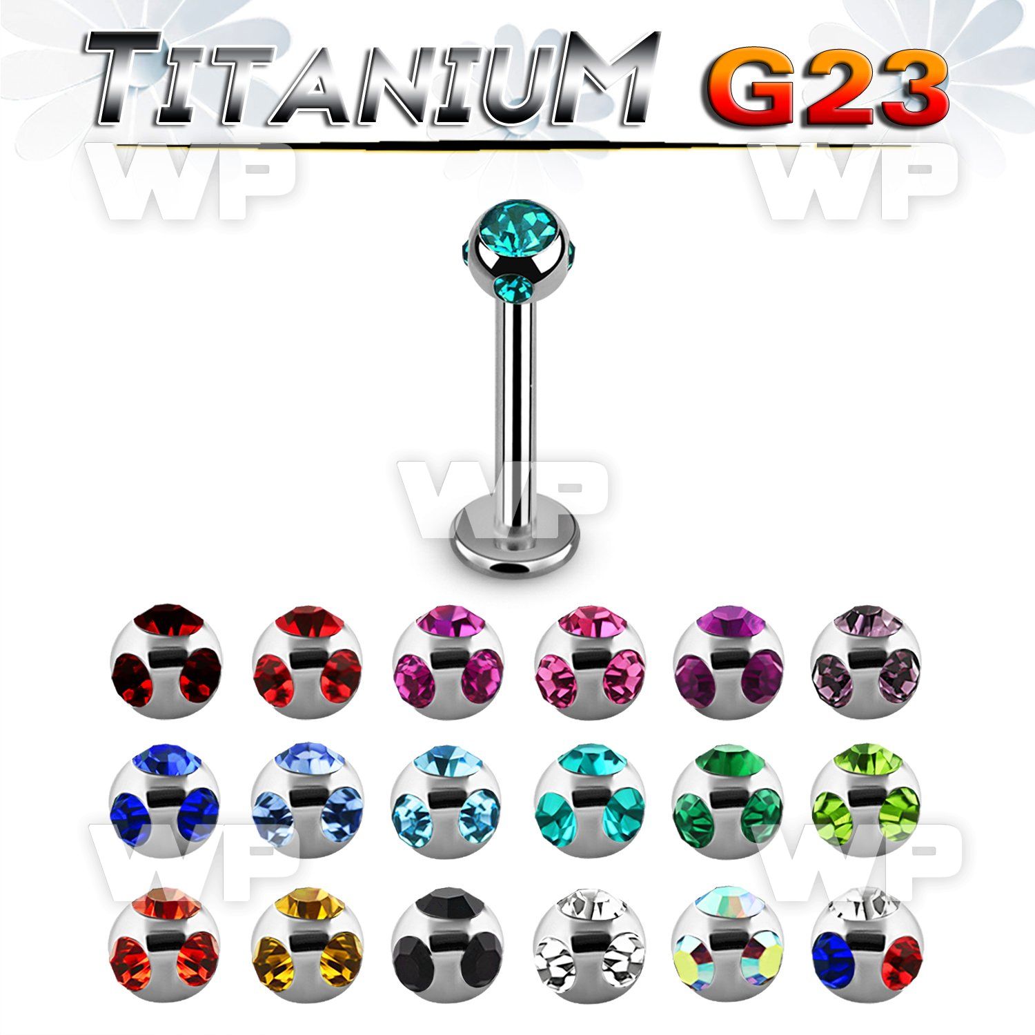 hb467 titanium labret stud 3mm multi jewel ball