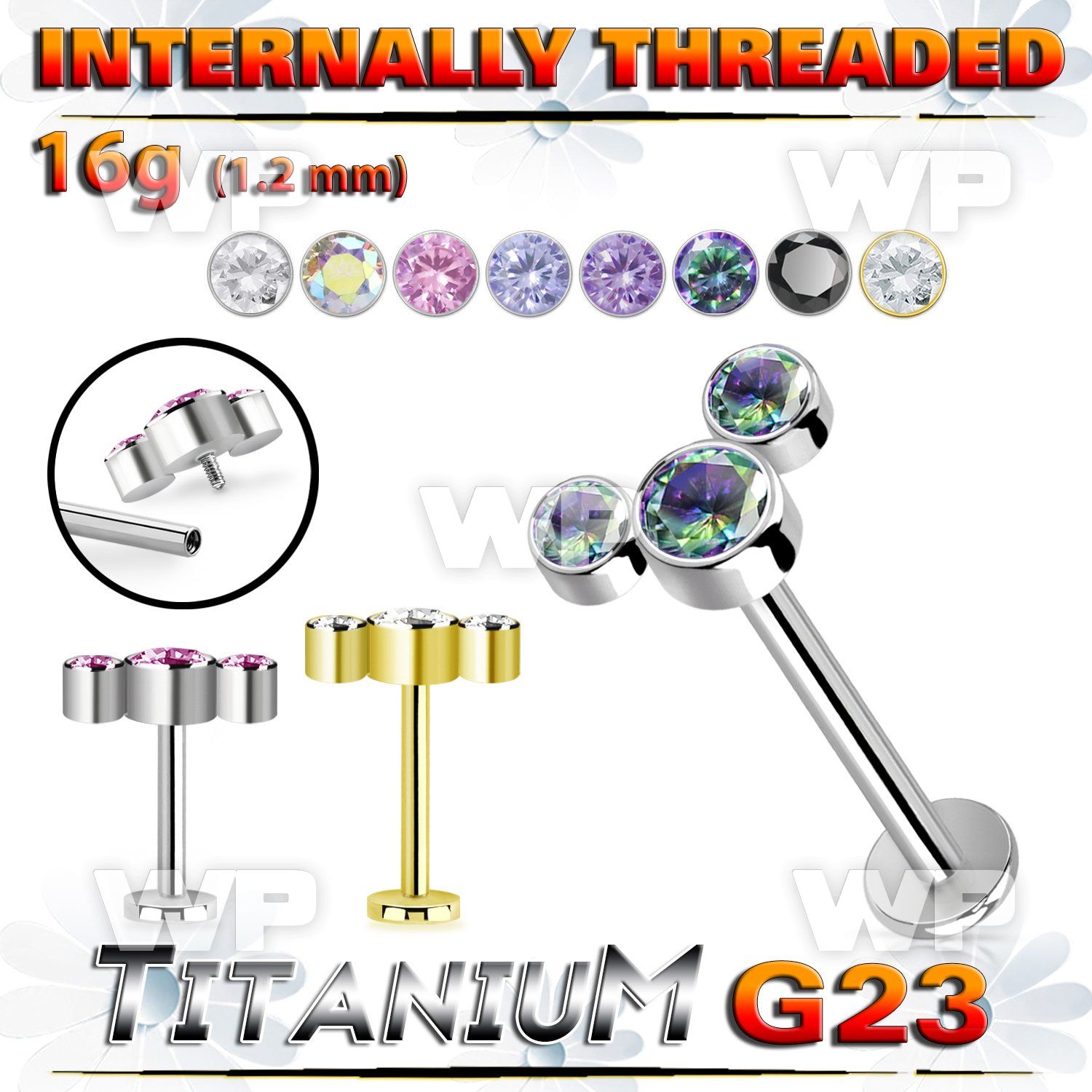 hb48u9 titanium internal threaded labret 3 color cz
