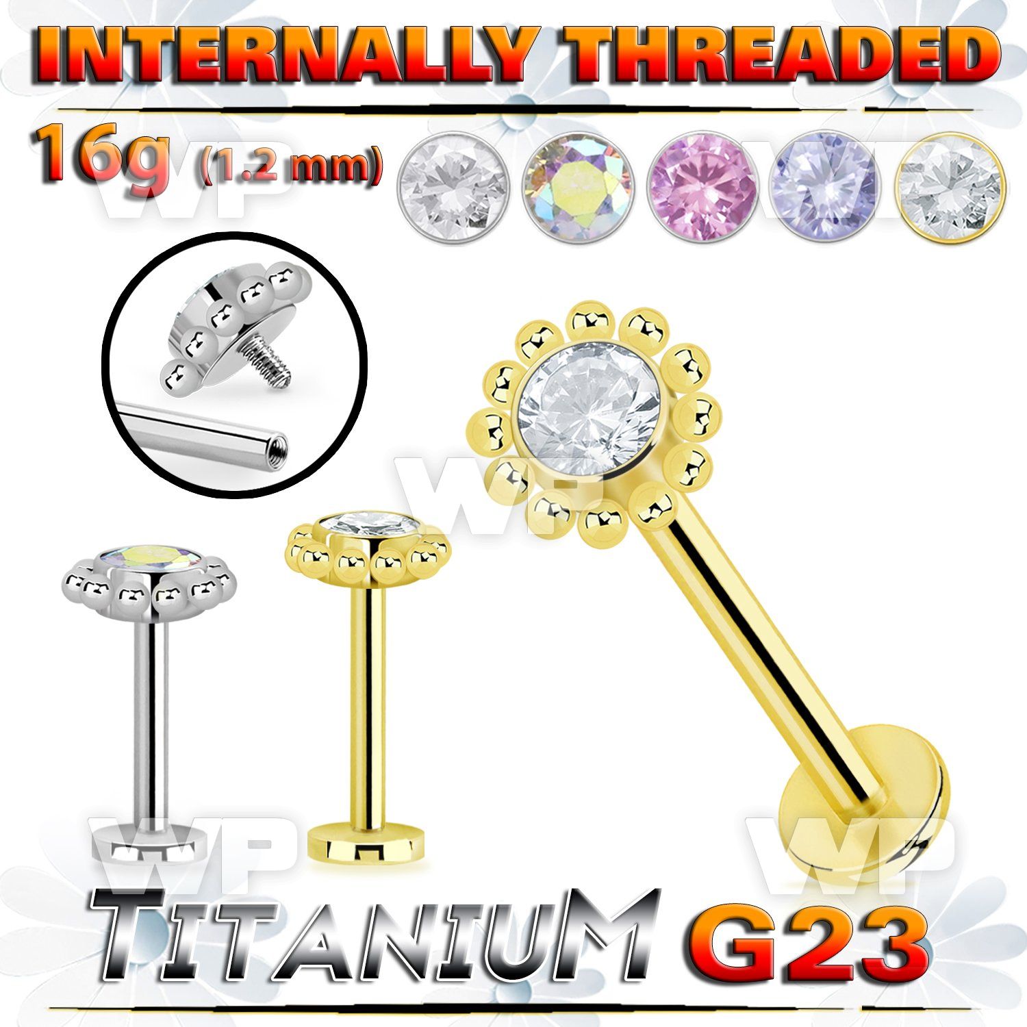 hb48uey titanium labret stud flower top cz balls internal