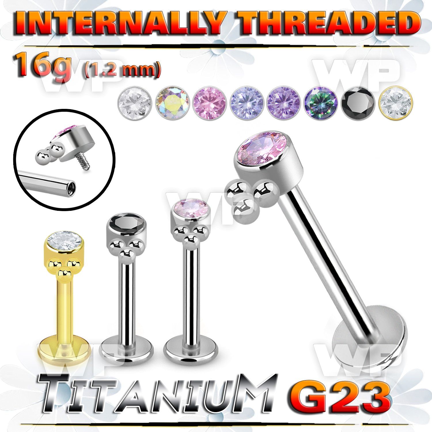 hb48uk0 titanium labret stud three balls cluster cz internal